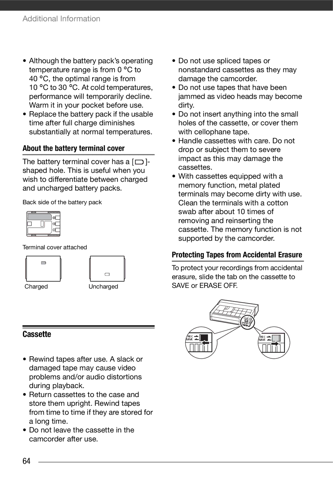 Canon MD 205 instruction manual Cassette, About the battery terminal cover, Protecting Tapes from Accidental Erasure 