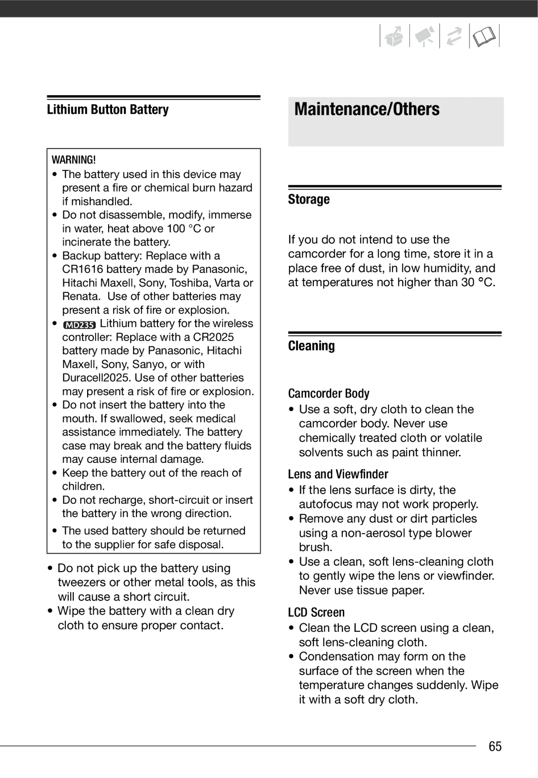 Canon MD 205 instruction manual Maintenance/Others, Lithium Button Battery, Storage, Cleaning 