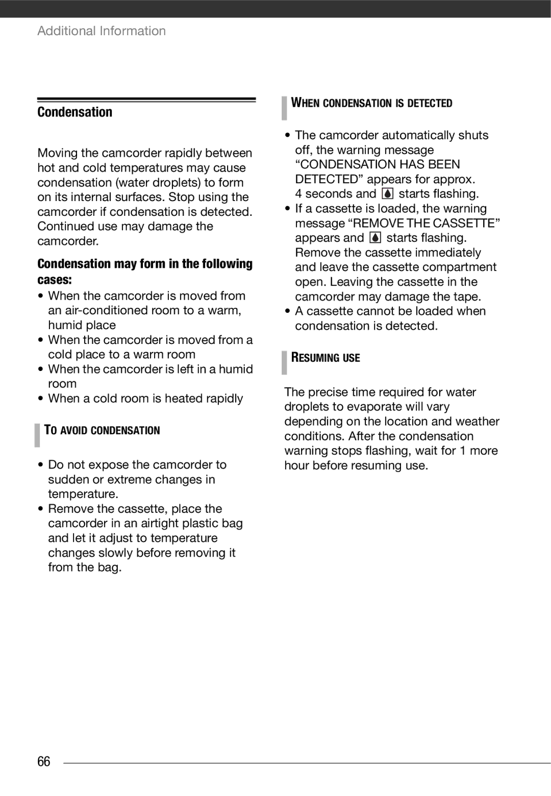 Canon MD 205 instruction manual To Avoid Condensation, When Condensation is Detected, Resuming USE 