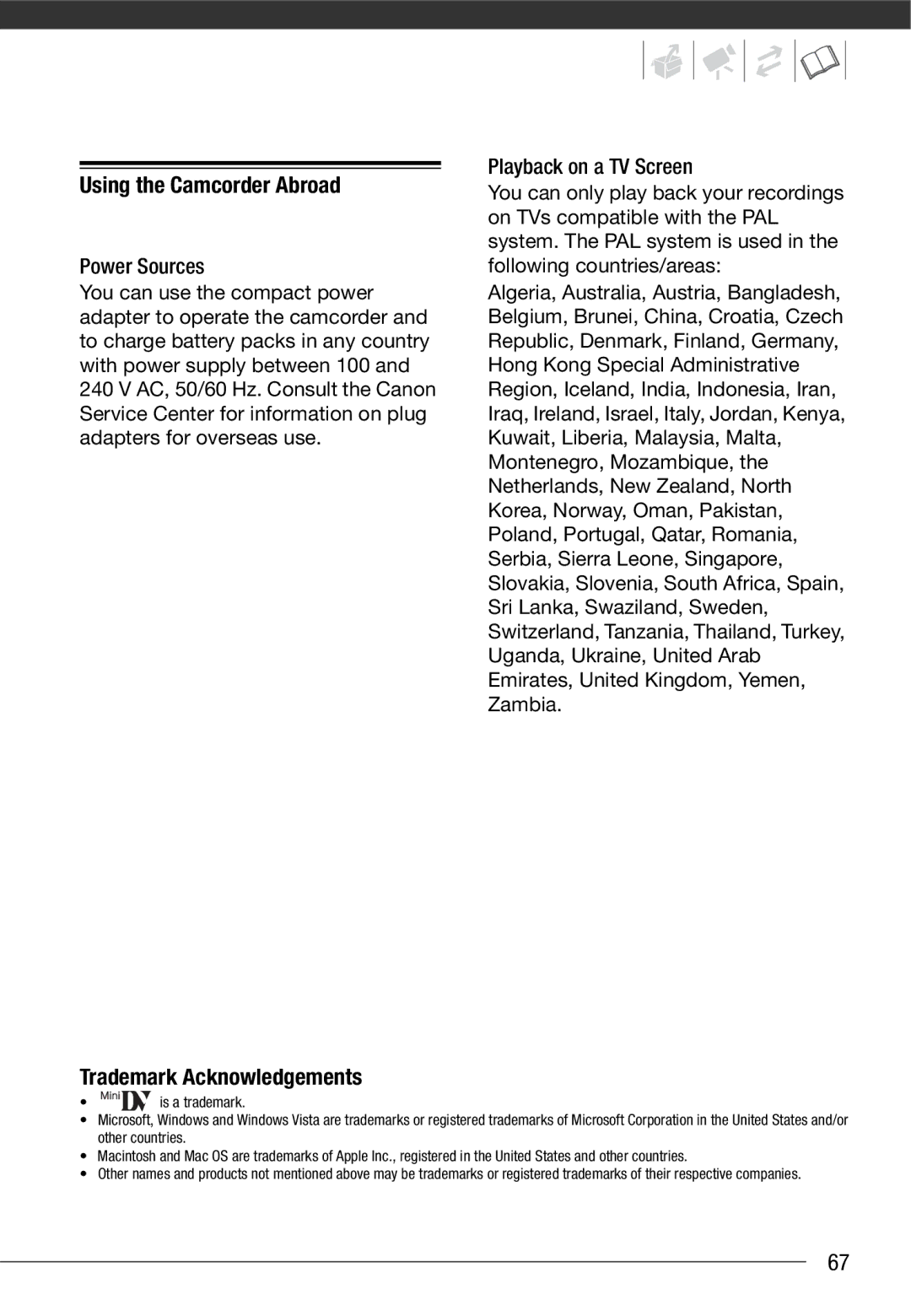 Canon MD 205 instruction manual Using the Camcorder Abroad, Trademark Acknowledgements 