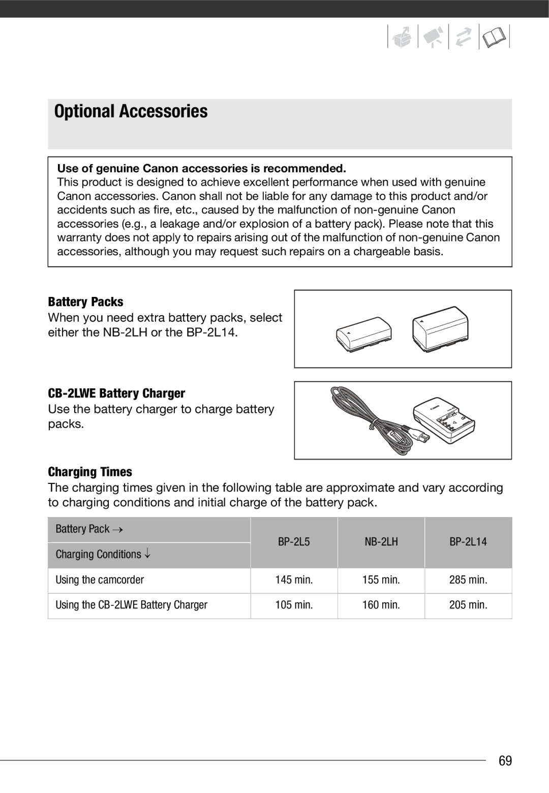 Canon MD 205 instruction manual Optional Accessories, Use of genuine Canon accessories is recommended, NB-2LH 