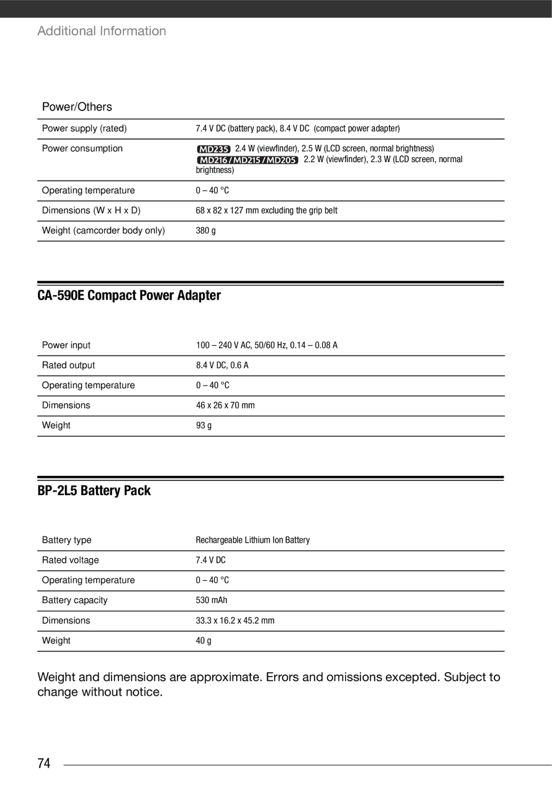 Canon MD 205 instruction manual CA-590E Compact Power Adapter, BP-2L5 Battery Pack, Power/Others 