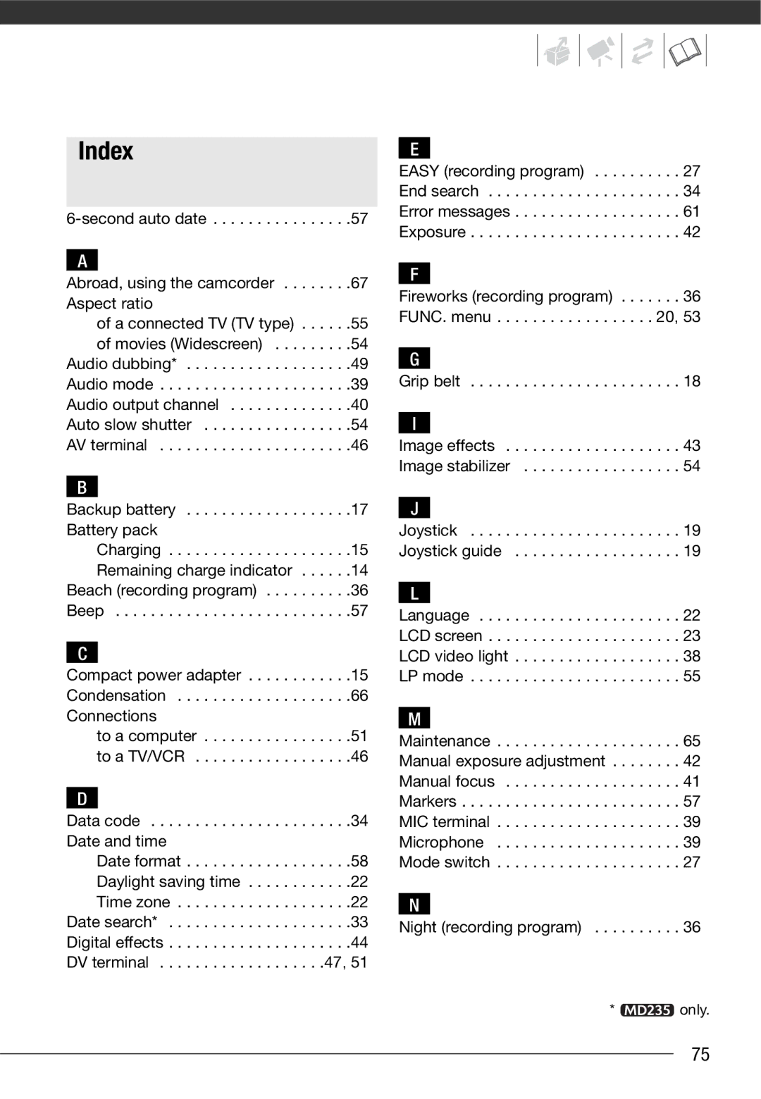 Canon MD 205 instruction manual Index, Grip belt, Night recording program 