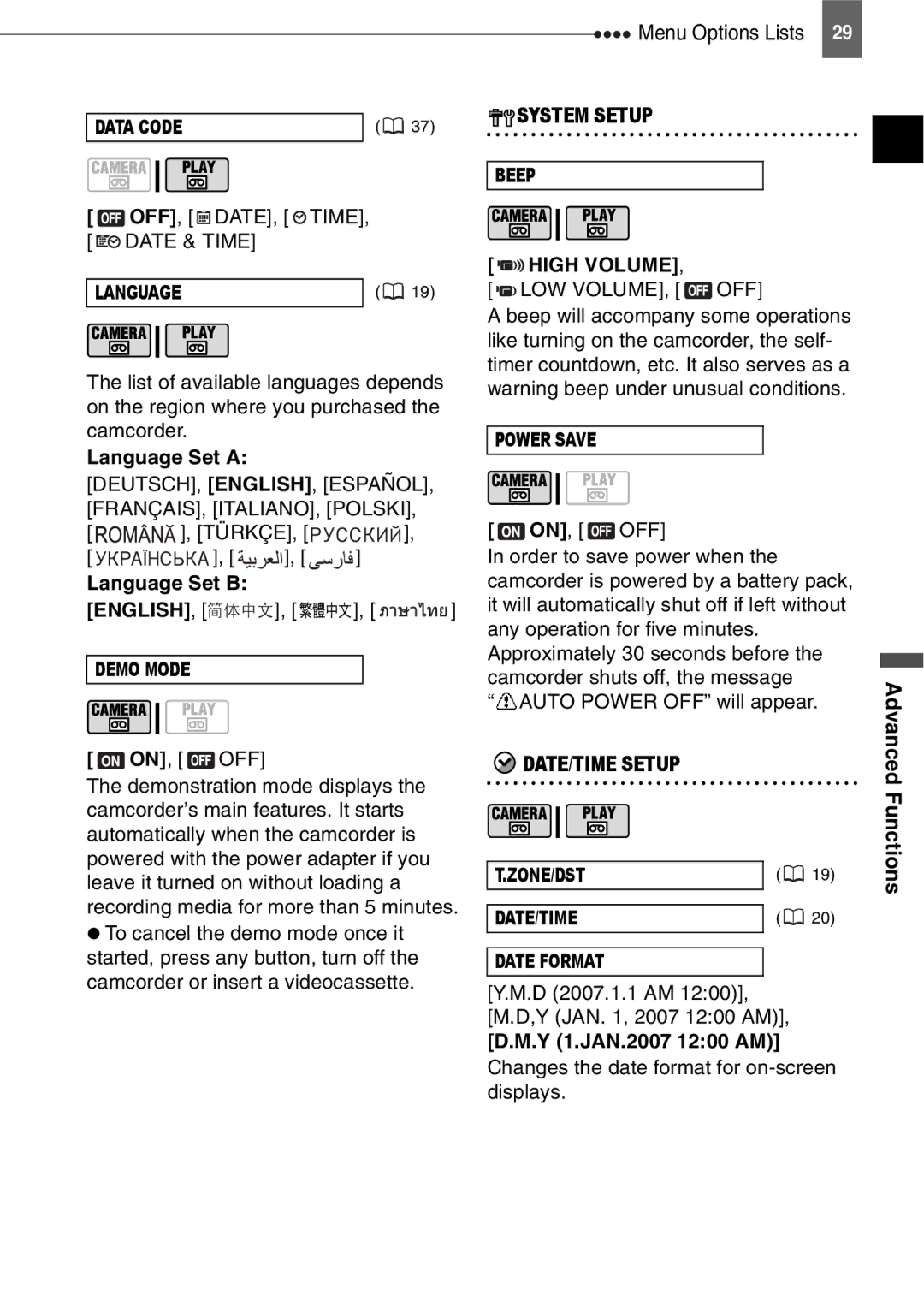 Canon MD110, MD111, MD120, MD101 instruction manual Language Set a, Language Set B, High Volume, Y 1.JAN.2007 1200 AM 