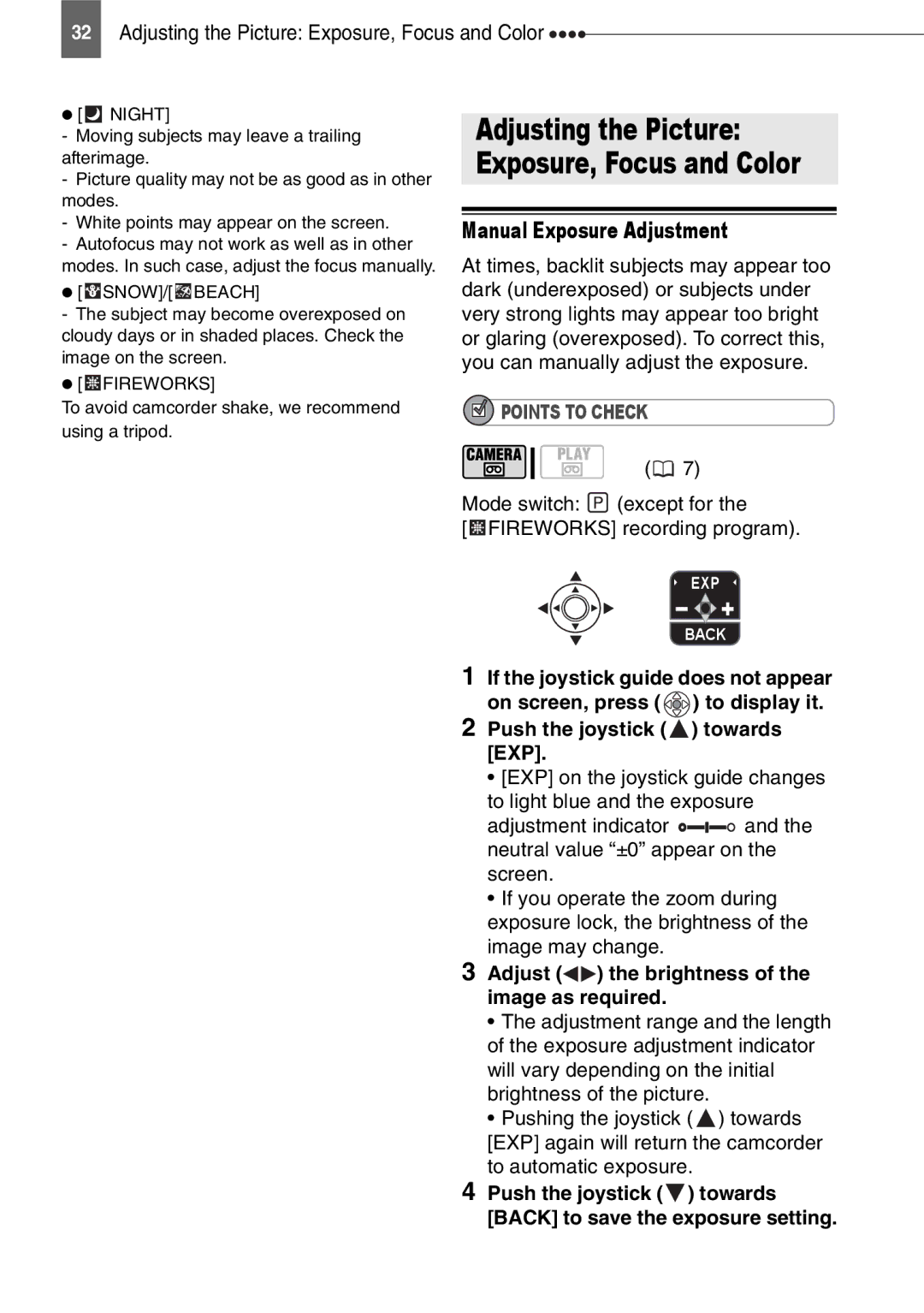 Canon MD111, MD110 Adjusting the Picture Exposure, Focus and Color, Mode switch except for Fireworks recording program 