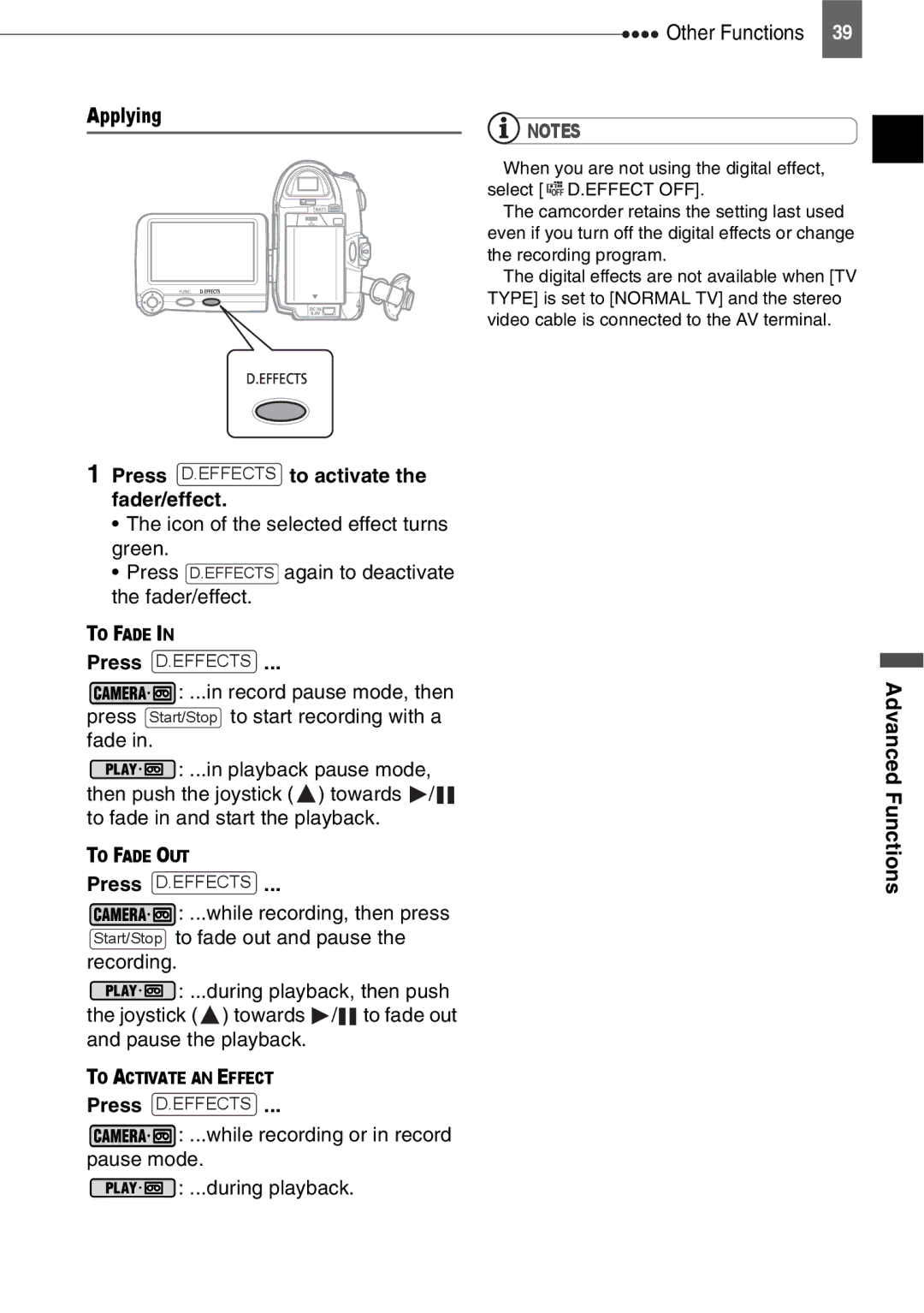 Canon MD101, MD111, MD110, MD120 instruction manual Applying Press D.EFFECTS to activate the fader/effect, Advanced Functions 