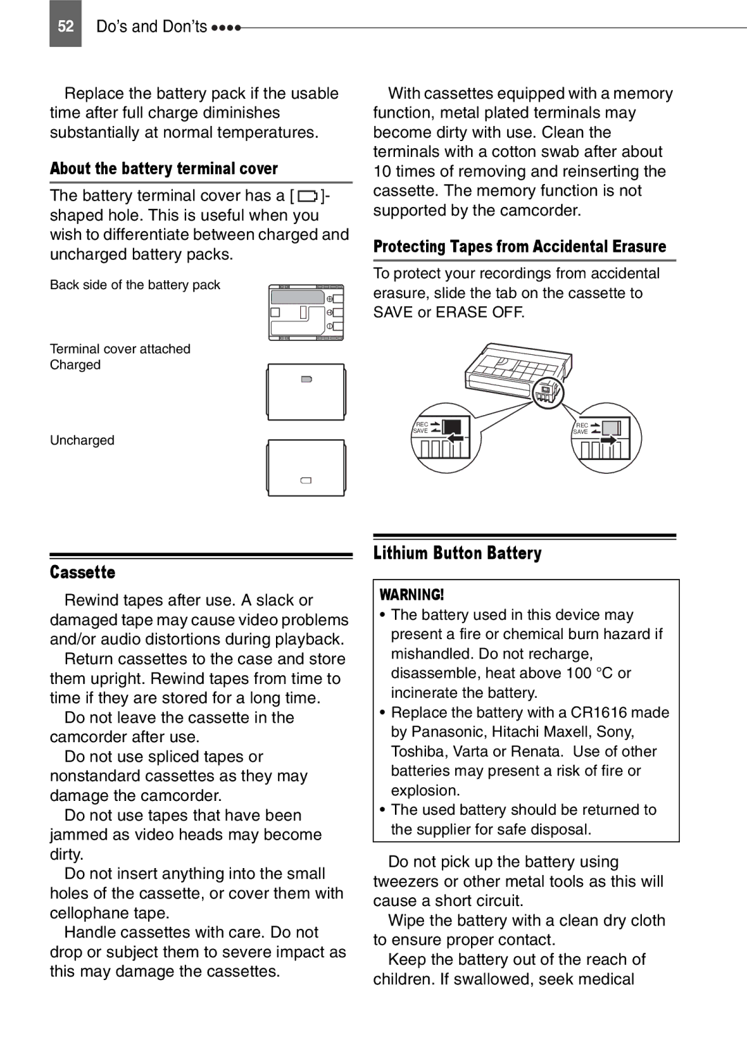 Canon MD111 Cassette, Lithium Button Battery, About the battery terminal cover, Protecting Tapes from Accidental Erasure 