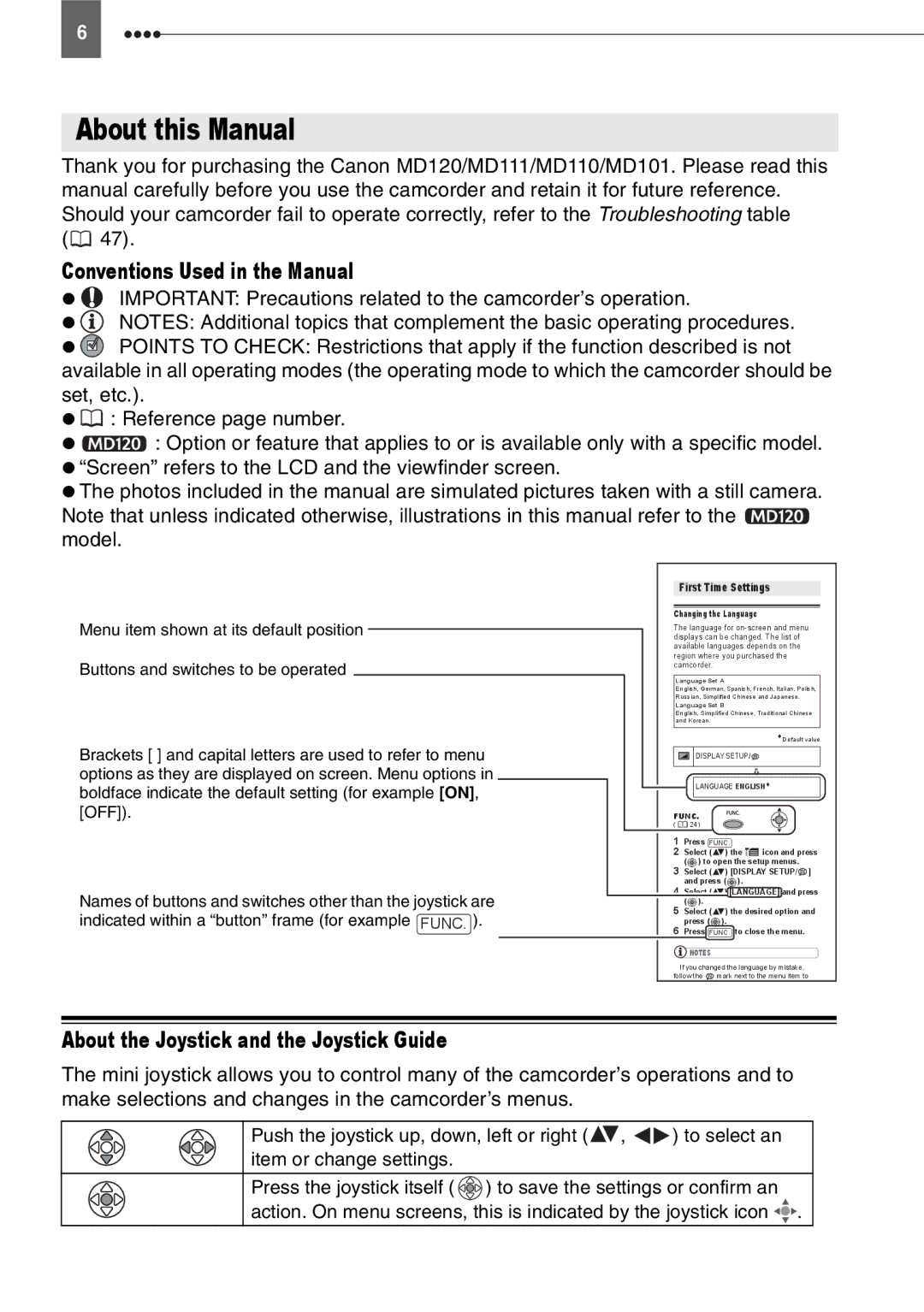 Canon MD120, MD111, MD110 About this Manual, Conventions Used in the Manual, About the Joystick and the Joystick Guide 