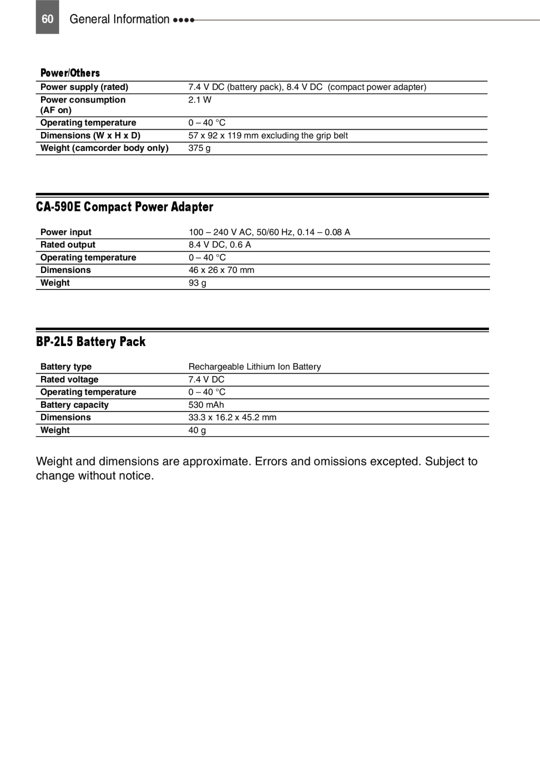 Canon MD111, MD110, MD120, MD101 instruction manual CA-590E Compact Power Adapter, BP-2L5 Battery Pack, Power/Others 