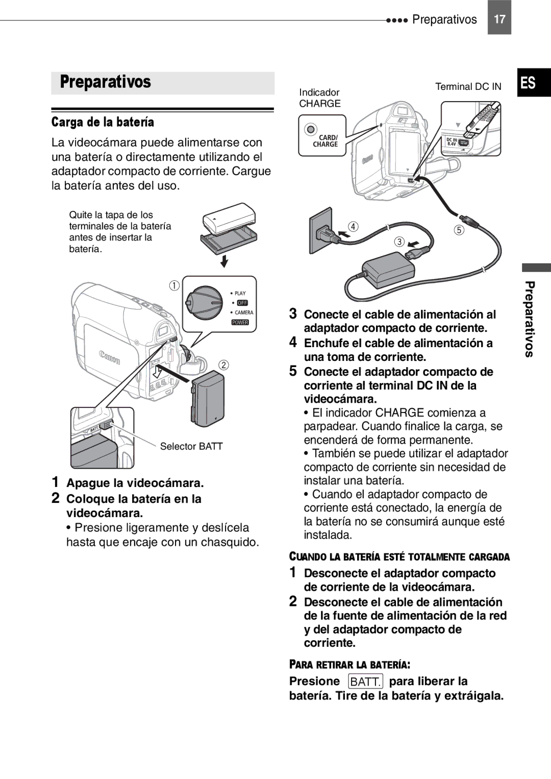 Canon MD150, MD160 Preparativos, Carga de la batería, Apague la videocámara Coloque la batería en la videocámara, Charge 