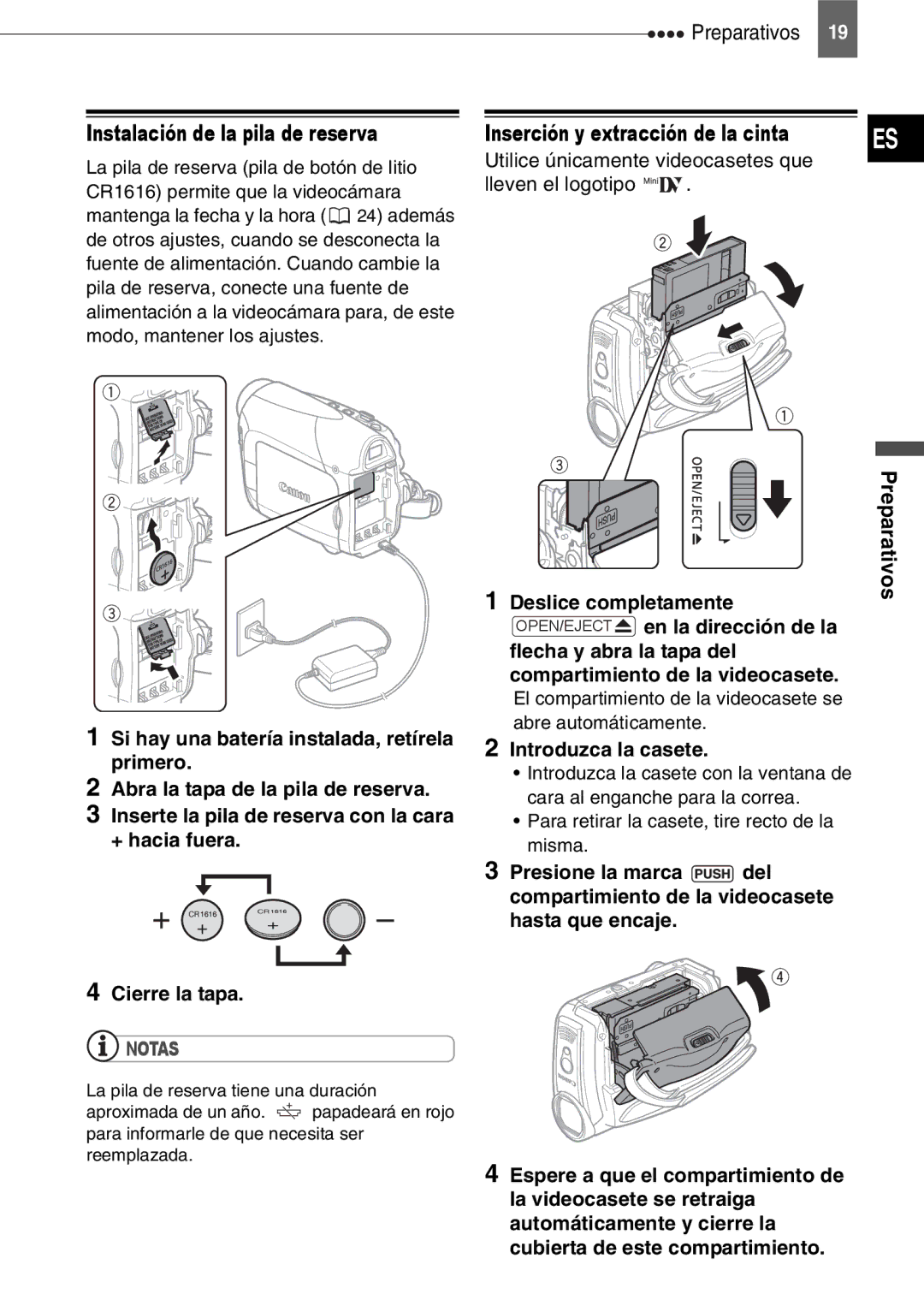 Canon MD140, MD160, MD150, MD130 Instalación de la pila de reserva, Inserción y extracción de la cinta, Introduzca la casete 