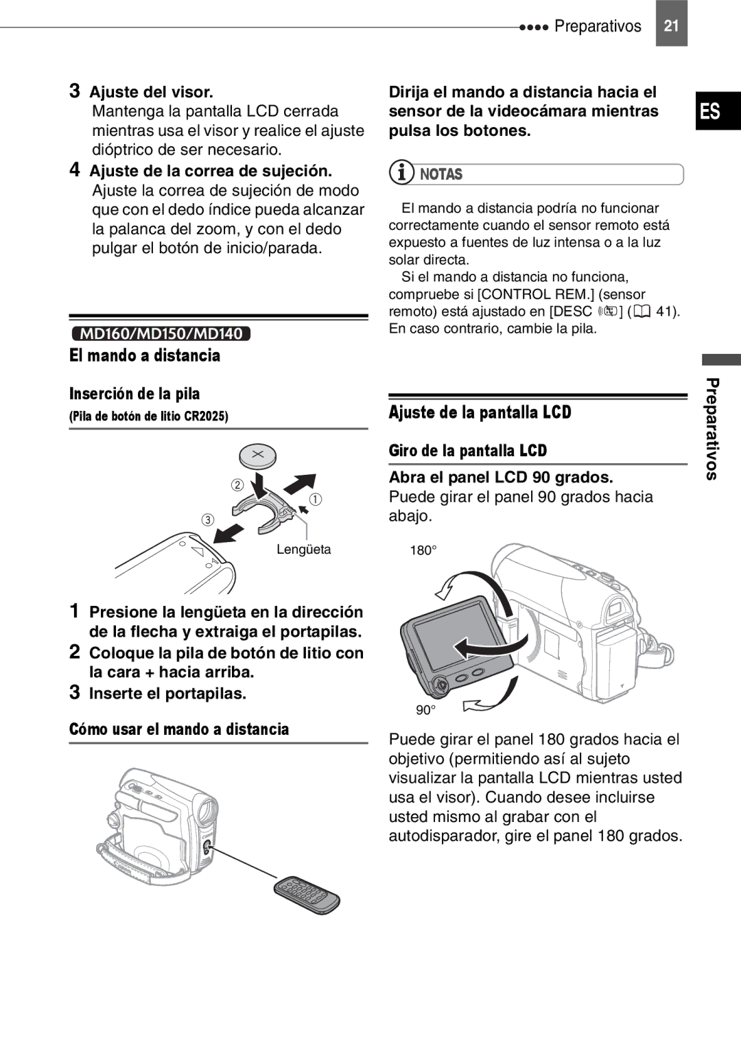 Canon MD150, MD160, MD130, MD140 El mando a distancia, Ajuste de la pantalla LCD, Ajuste del visor, Inserción de la pila 