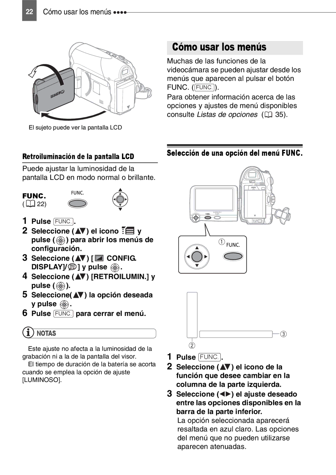 Canon MD130, MD160, MD150, MD140 manual 22 Cómo usar los menús, Selección de una opción del menú Func Pulse Func 