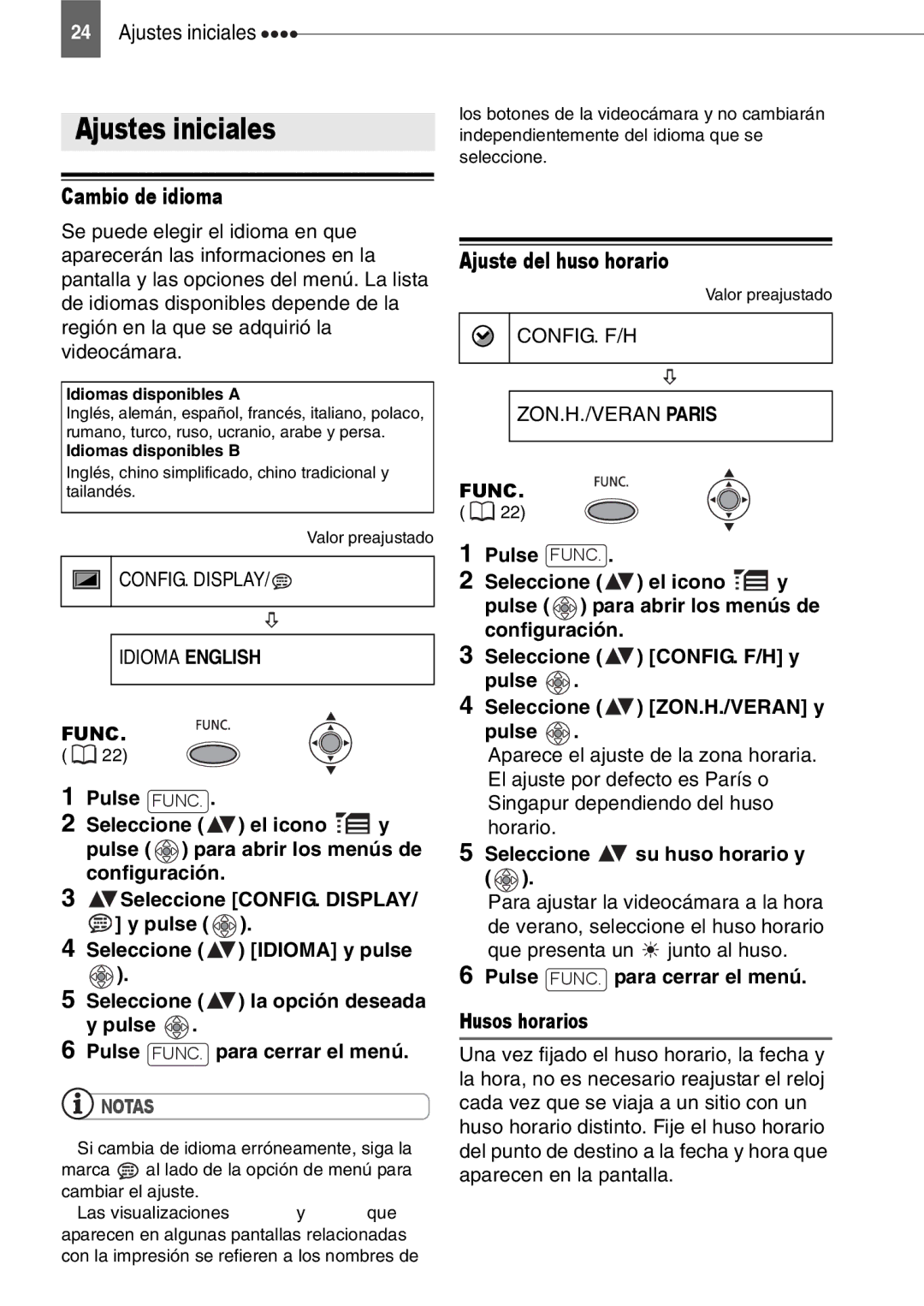 Canon MD160, MD150, MD130, MD140 Ajustes iniciales, Cambio de idioma, Ajuste del huso horario, Seleccione su huso horario y 