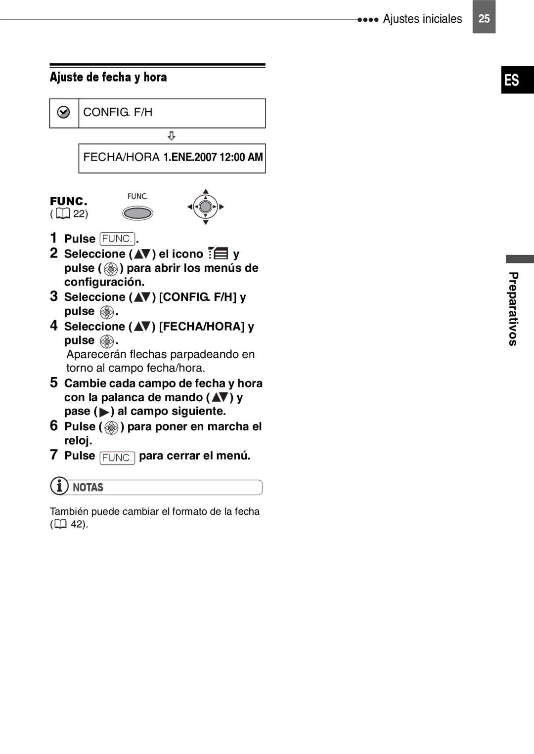 Canon MD150, MD160, MD130, MD140 manual Ajuste de fecha y hora, FECHA/HORA 1.ENE.2007 1200 AM 