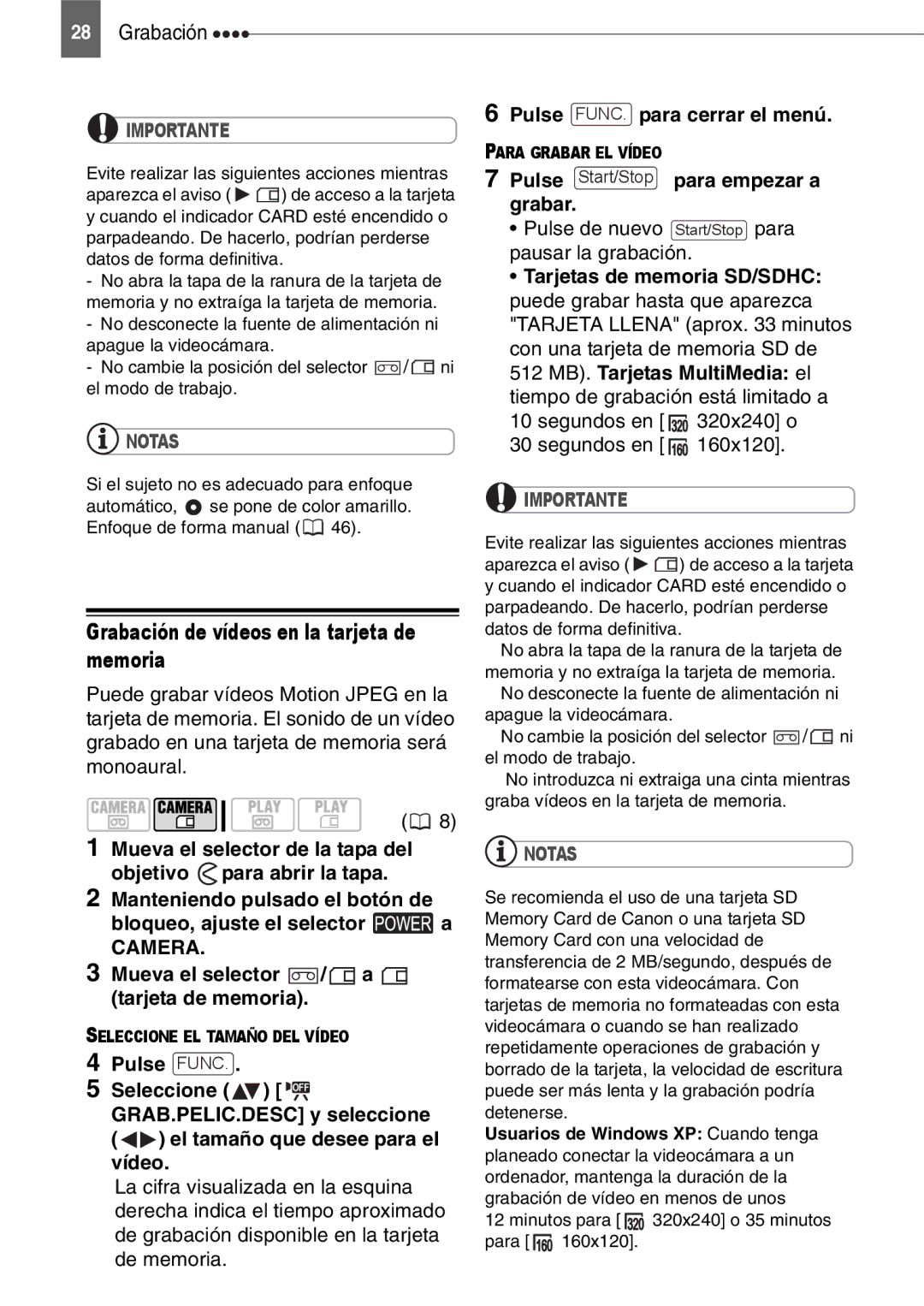 Canon MD160, MD150, MD130, MD140 manual Grabación de vídeos en la tarjeta de memoria 