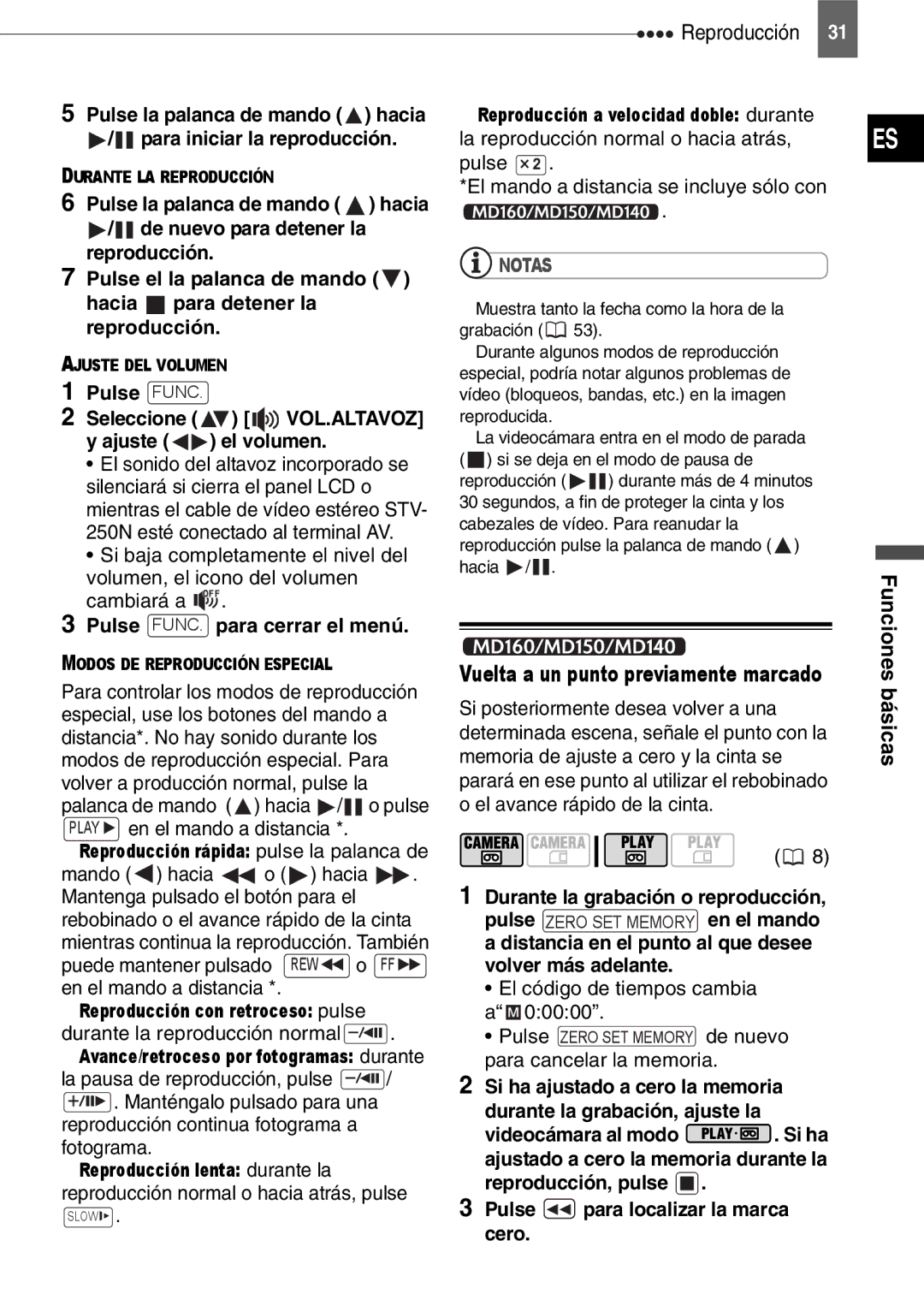 Canon MD140, MD160, MD150, MD130 manual Pulse para localizar la marca cero Funciones básicas 