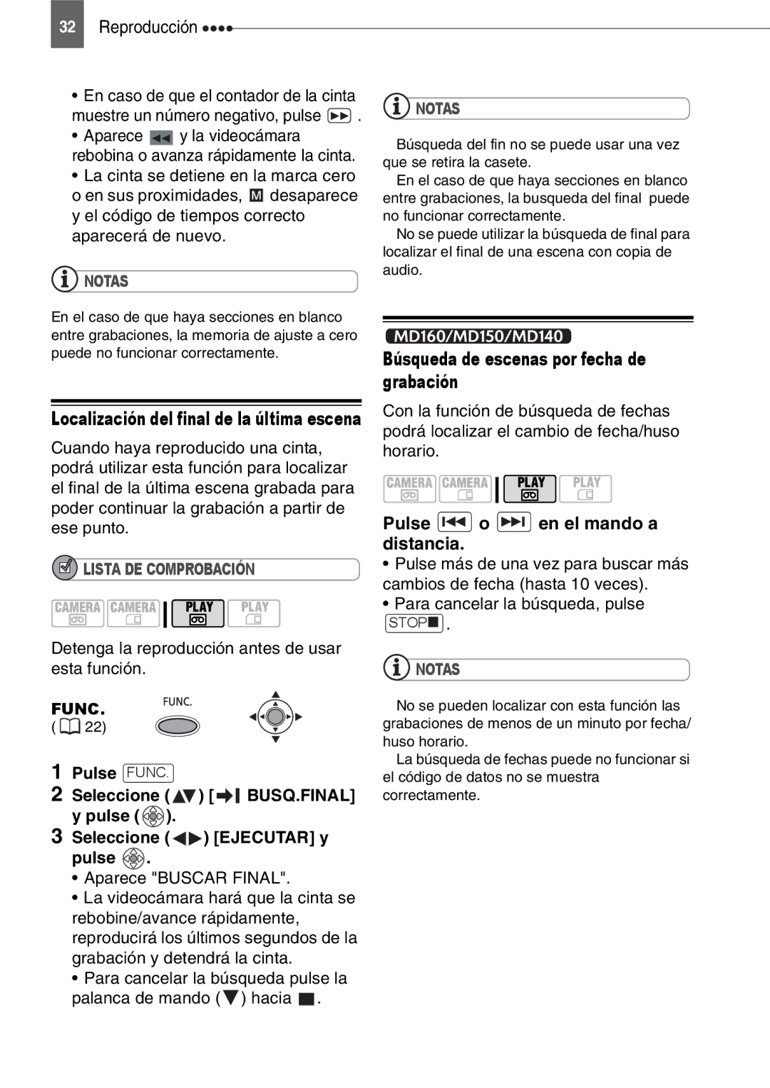 Canon MD160, MD150, MD130 Búsqueda de escenas por fecha de grabación, Detenga la reproducción antes de usar esta función 