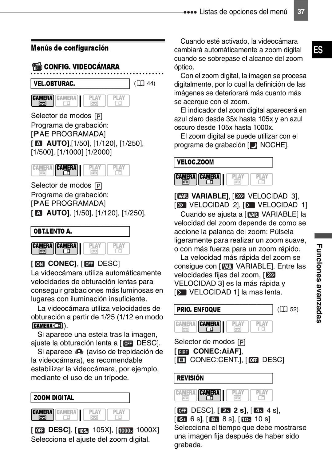 Canon MD150, MD160, MD130, MD140 manual Menús de configuración, AE Programada, Desc, Velocidad, CONECAiAF 