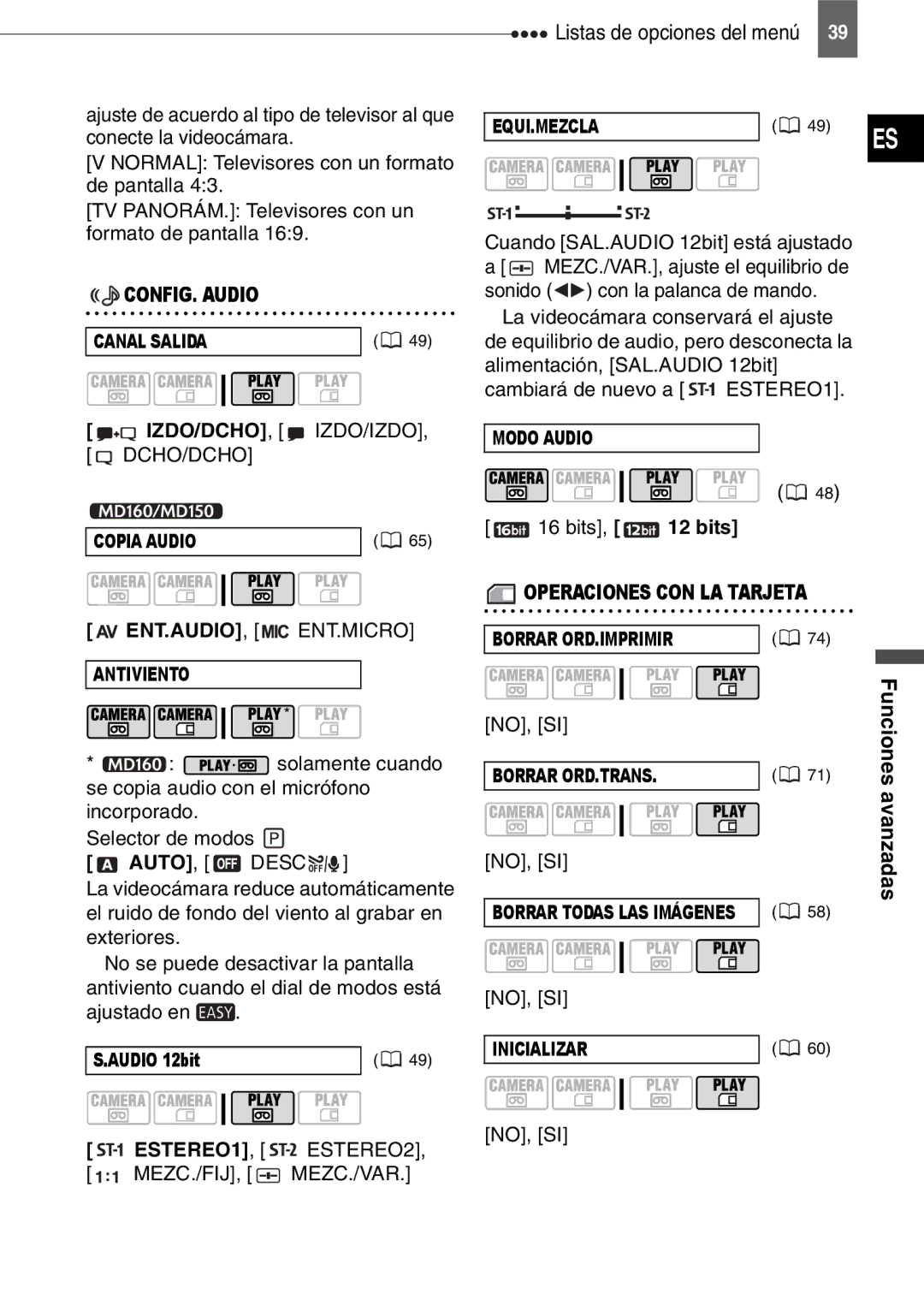 Canon MD140, MD160, MD150, MD130 manual Izdo/Dcho, Izdo/Izdo, Dcho/Dcho, Funciones avanzadas 