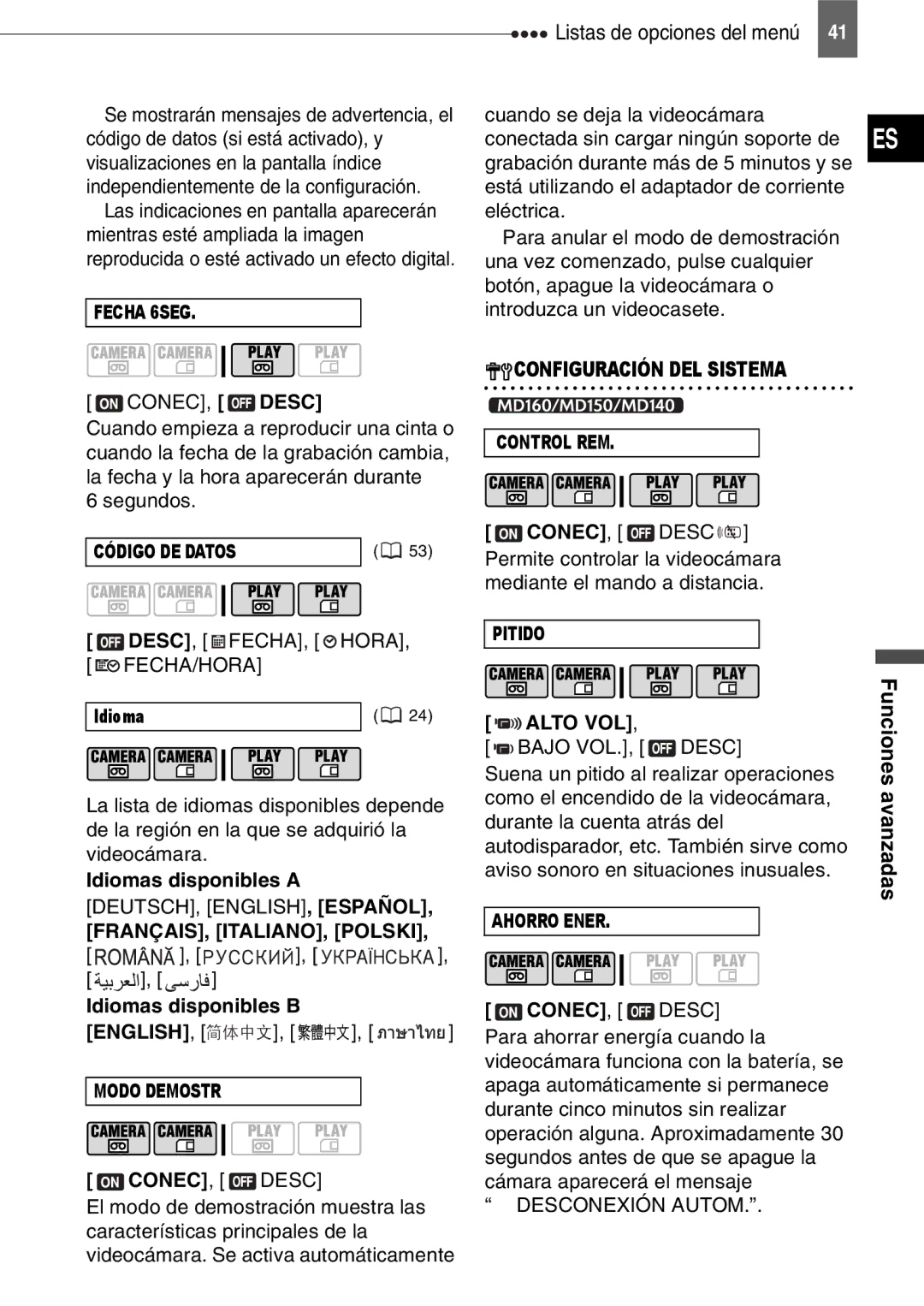 Canon MD150, MD160 Idiomas disponibles a, DEUTSCH, ENGLISH, ESPAÑOL, FRANÇAIS, ITALIANO, Polski, Idiomas disponibles B 