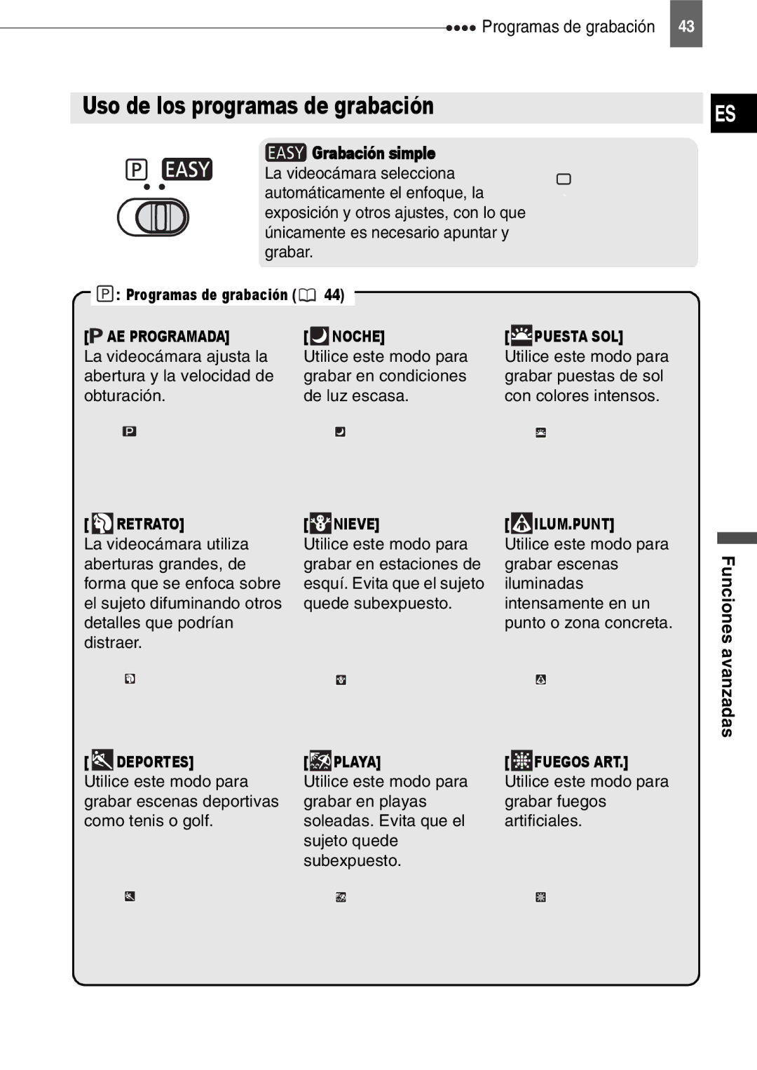 Canon MD140, MD160, MD150, MD130 manual Uso de los programas de grabación, Programas de grabación, Grabación simple, Distraer 