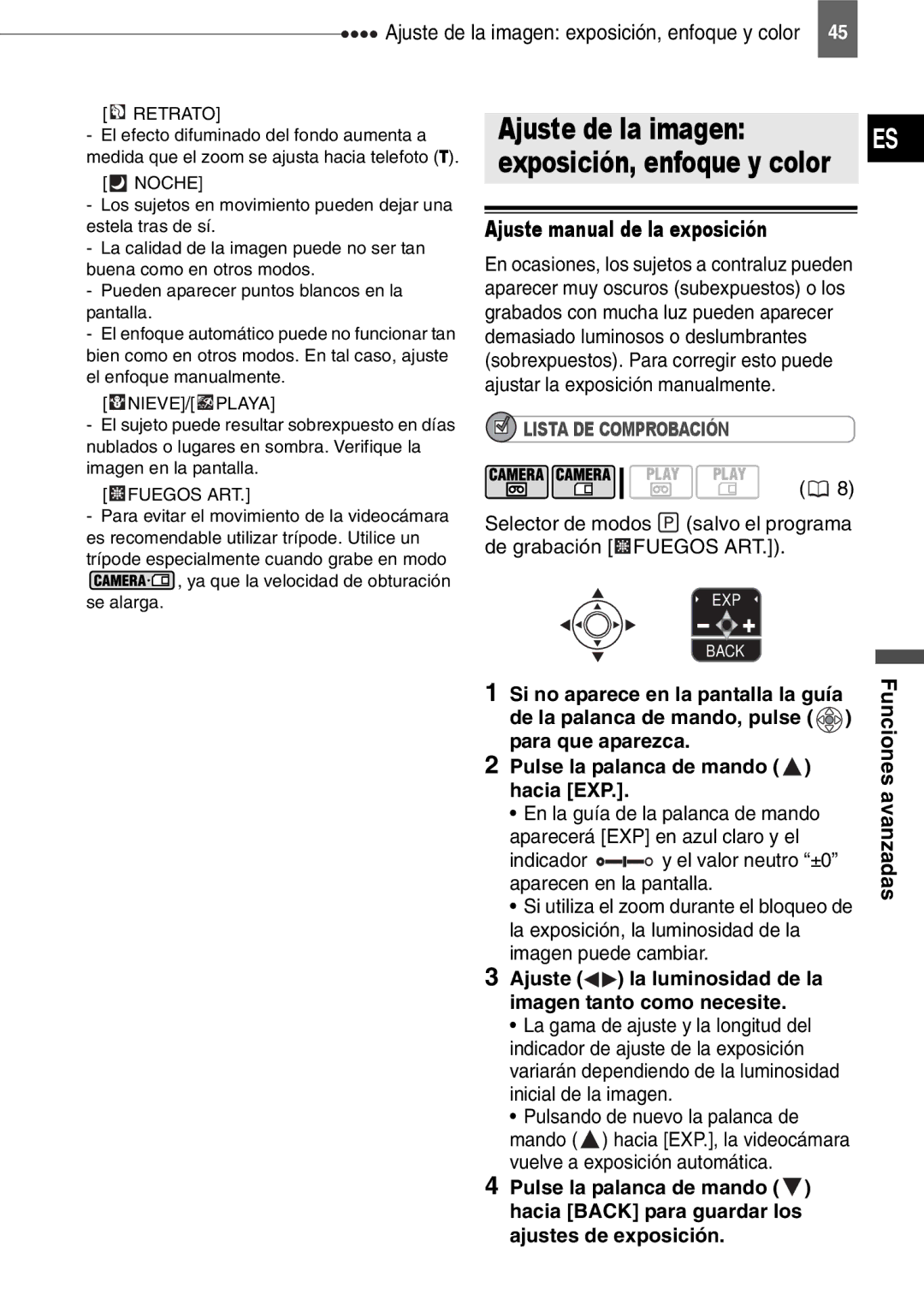 Canon MD150, MD160, MD130, MD140 Ajuste de la imagen, Exposición, enfoque y color Ajuste manual de la exposición 