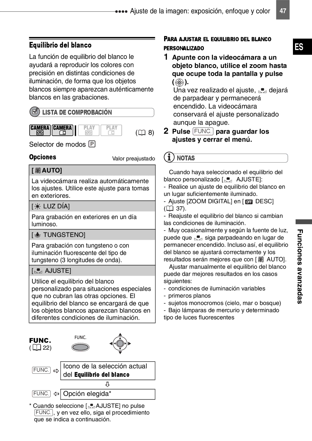 Canon MD140, MD160, MD150, MD130 manual Opciones, Icono de la selección actual, Del Equilibrio del blanco, Auto 