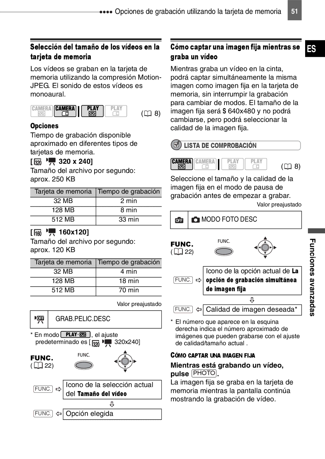 Canon MD140, MD160, MD150 Graba un vídeo, Selección del tamaño de los vídeos en la tarjeta de memoria, Del Tamaño del vídeo 