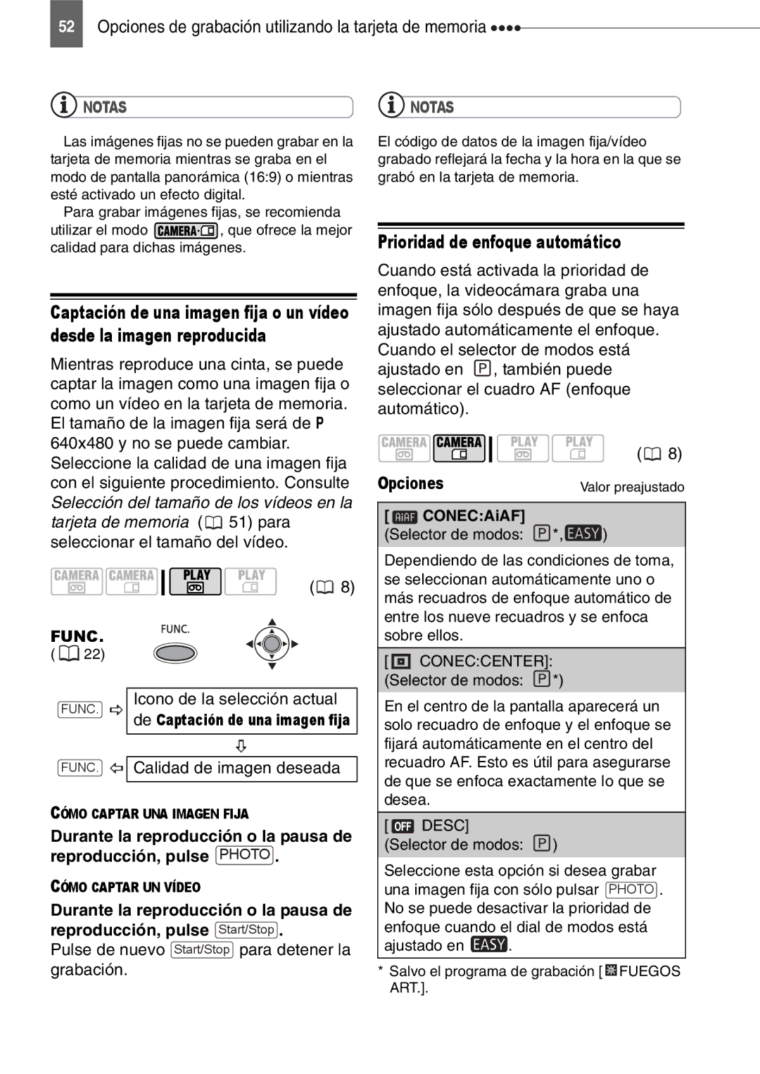 Canon MD160, MD150, MD130 Prioridad de enfoque automático, Pulse de nuevo Start/Stop para detener la grabación, CONECAiAF 