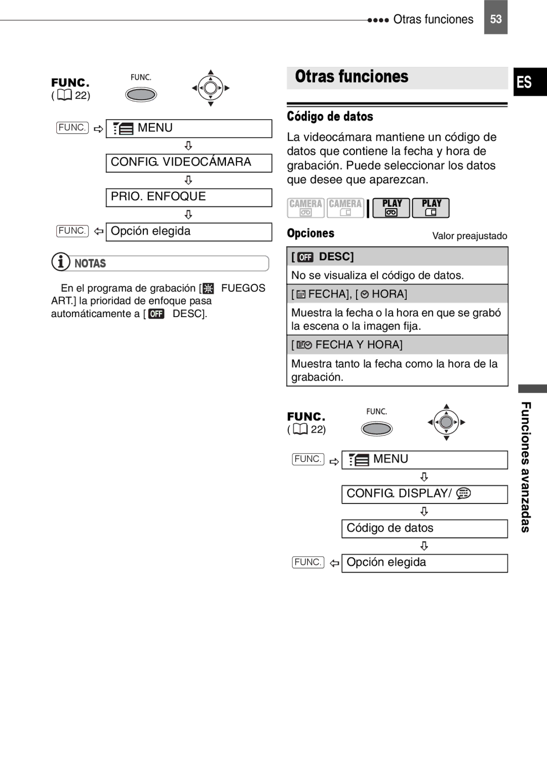 Canon MD150, MD160, MD130, MD140 manual Código de datos, CONFIG. Videocámara PRIO. Enfoque, Otras funciones, CONFIG. Display 