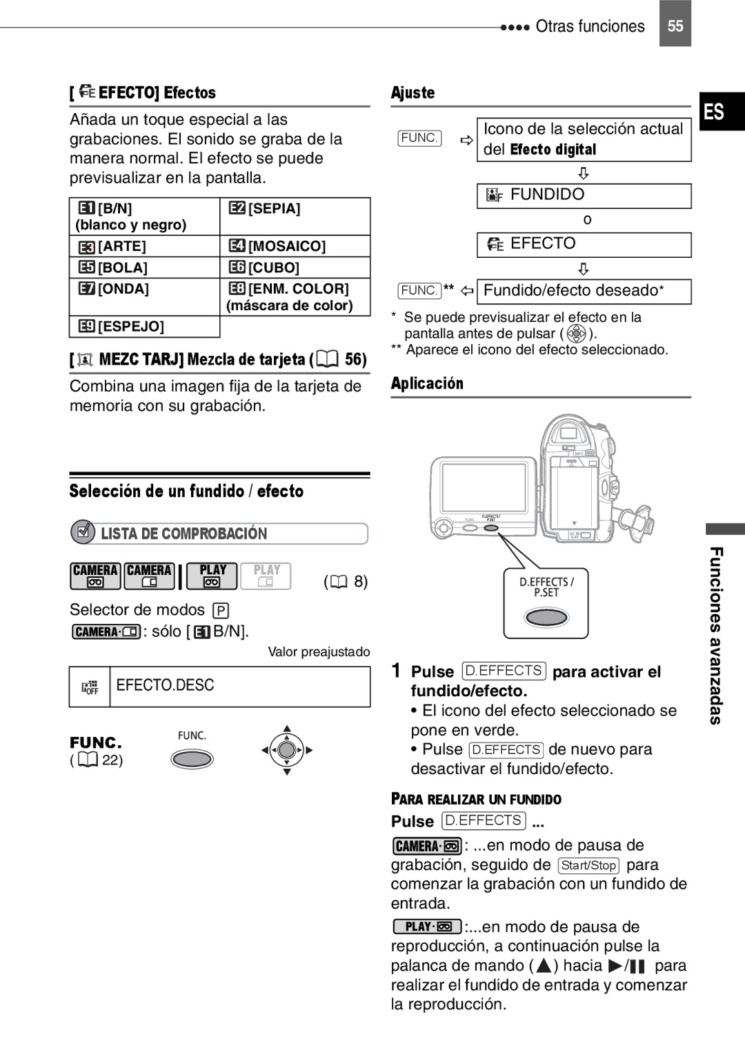 Canon MD140, MD160, MD150, MD130 manual Selección de un fundido / efecto, Efecto Efectos, Del Efecto digital, Aplicación 