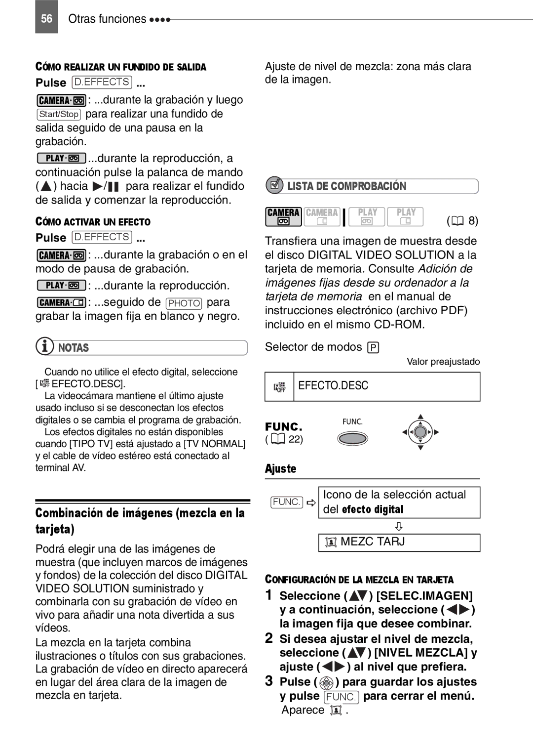 Canon MD160 Combinación de imágenes mezcla en la tarjeta, Ajuste, Icono de la selección actual FUNC. del efecto digital 