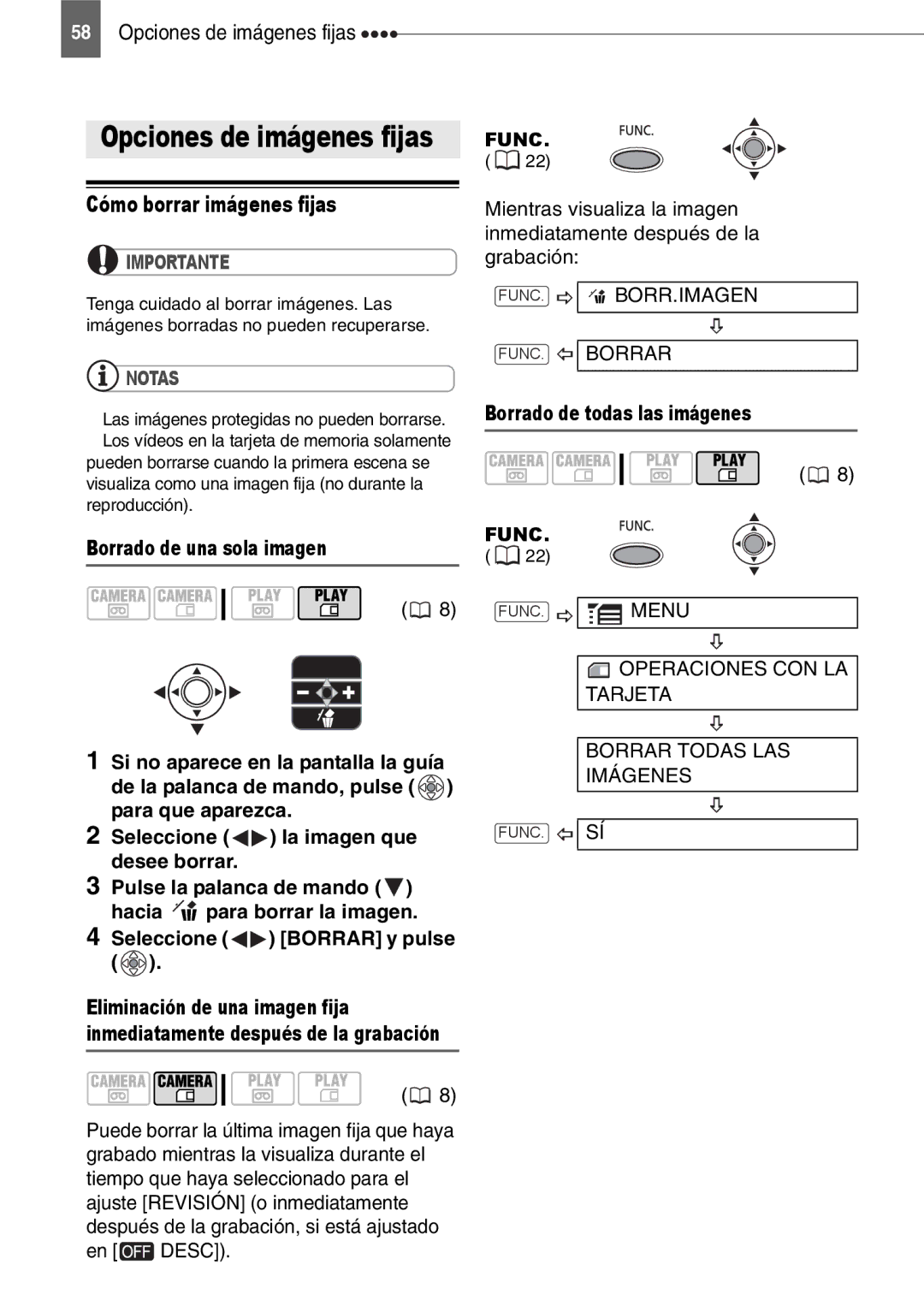 Canon MD130, MD160, MD150, MD140 manual Cómo borrar imágenes fijas, Opciones de imágenes fijas, FUNC. BORR.IMAGEN FUNC. Borrar 