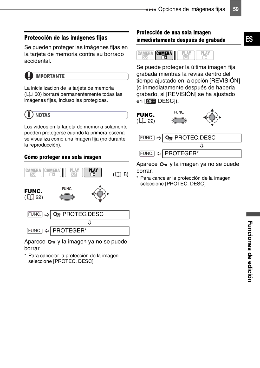 Canon MD140, MD160, MD150 Protección de las imágenes fijas, Cómo proteger una sola imagen, FUNC. PROTEC.DESC FUNC. Proteger 