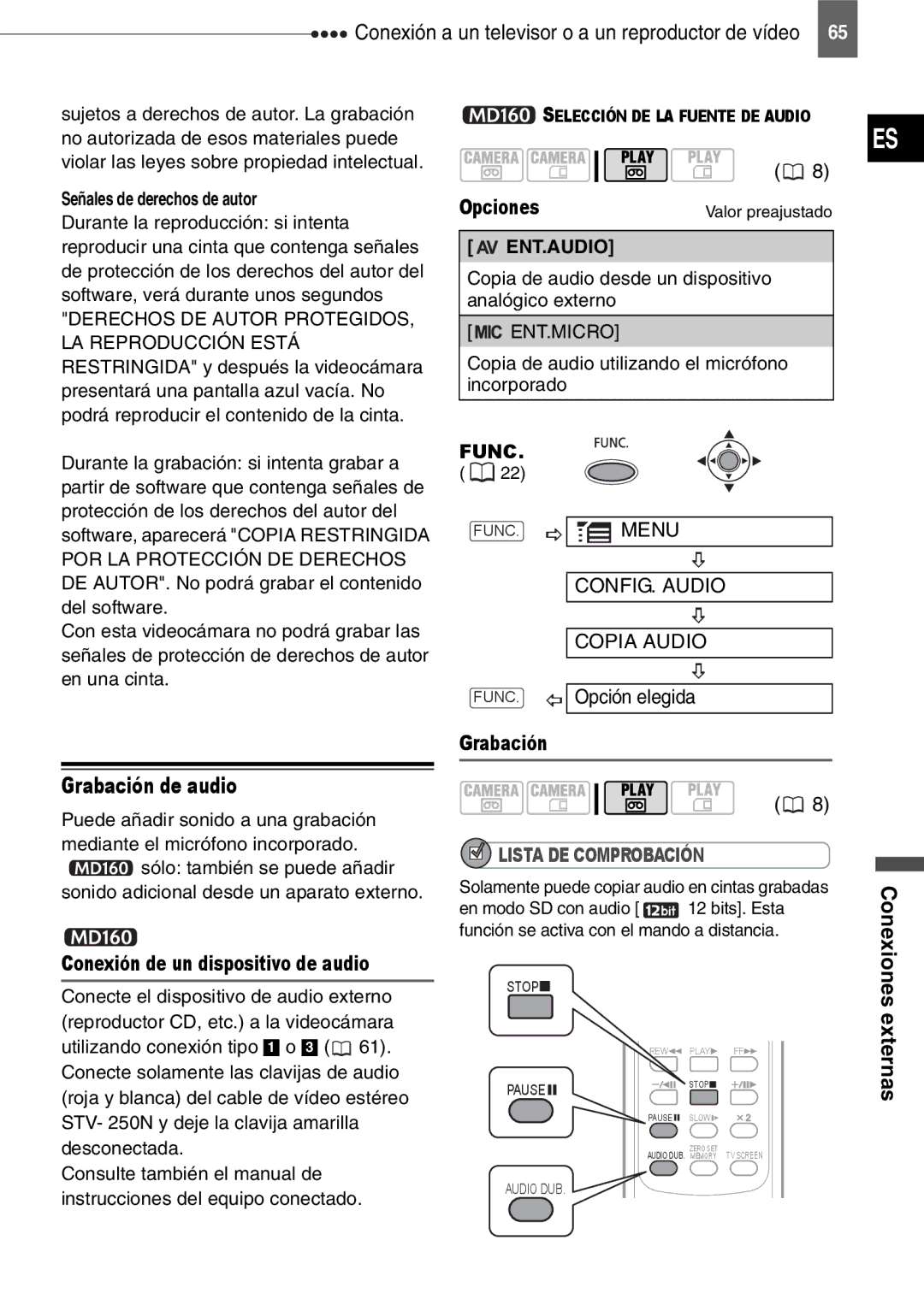 Canon MD150, MD160, MD130, MD140 manual Grabación de audio, CONFIG. Audio Copia Audio, Señales de derechos de autor 