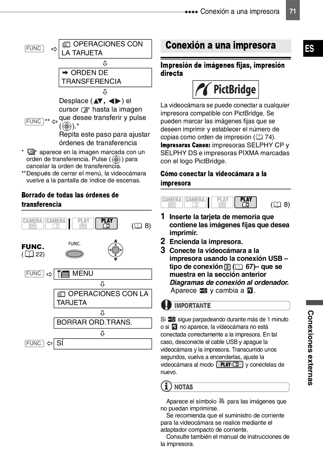 Canon MD140, MD160, MD150 Impresión de imágenes fijas, impresión directa, Operaciones CON LA Tarjeta Orden DE Transferencia 