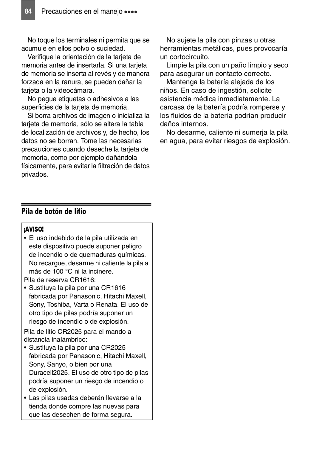 Canon MD160, MD150, MD130, MD140 manual Pila de botón de litio, ¡Aviso 