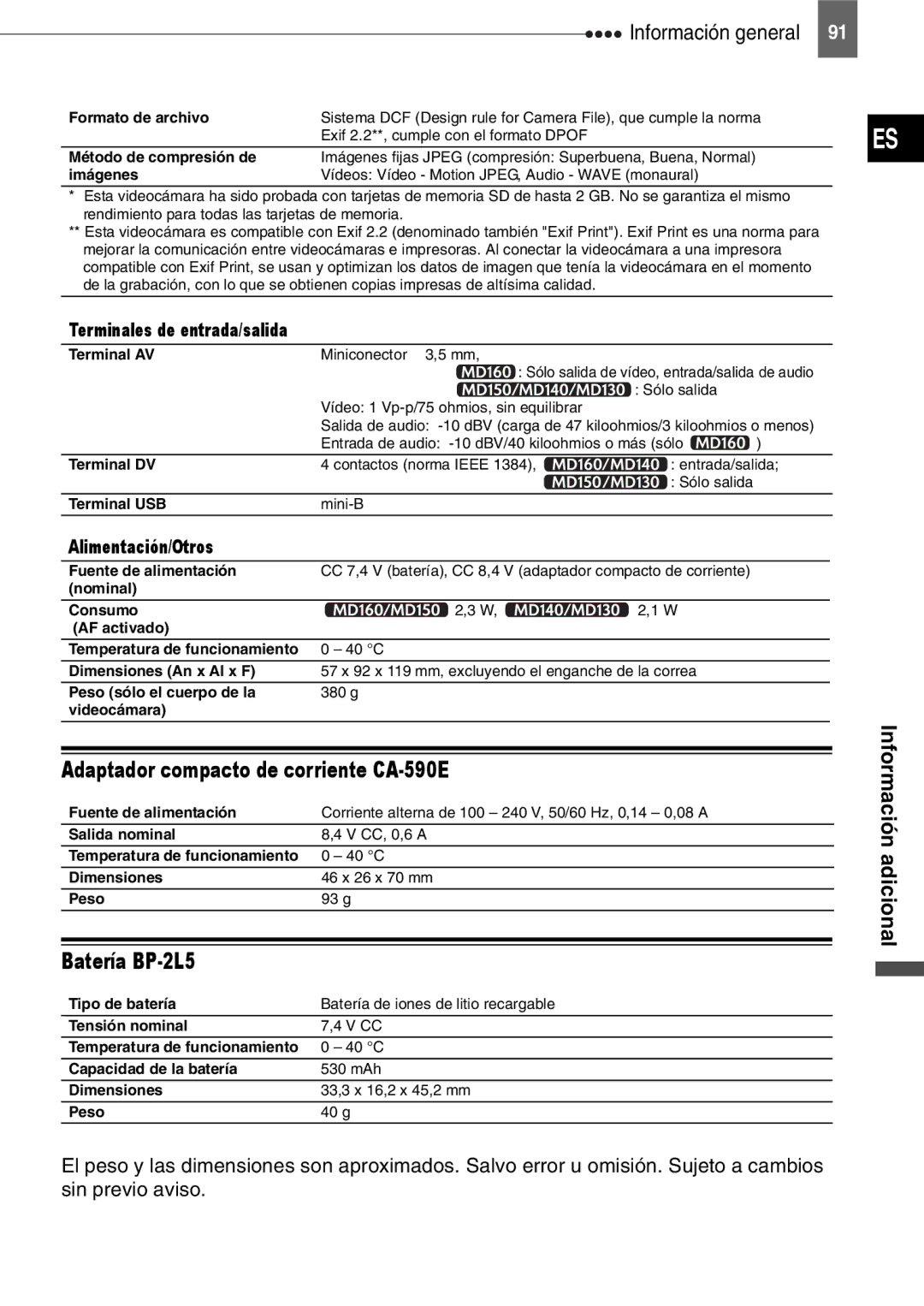 Canon MD140, MD160, MD150, MD130 manual Adaptador compacto de corriente CA-590E, Batería BP-2L5 