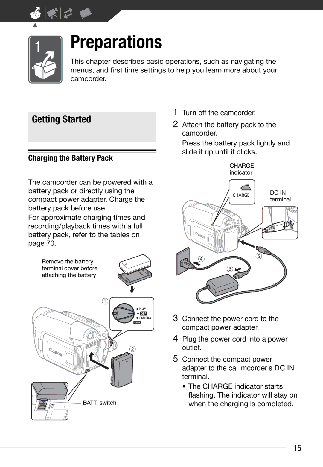 Canon MD235, MD216, MD205, MD215 instruction manual Getting Started, Charging the Battery Pack 