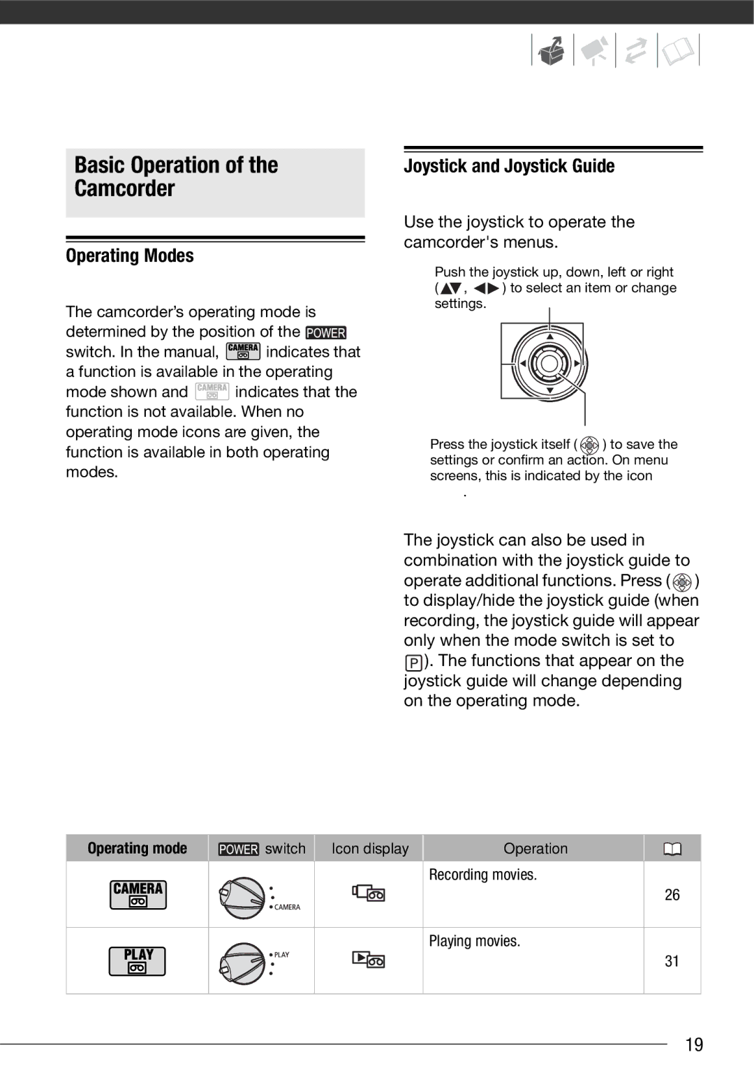 Canon MD235, MD216, MD205, MD215 Basic Operation Camcorder, Operating Modes, Joystick and Joystick Guide, Operating mode 