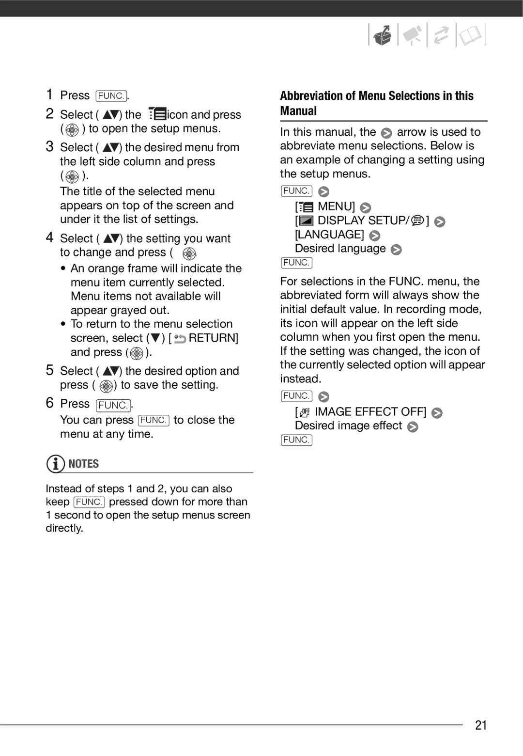 Canon MD205, MD216, MD215, MD235 Abbreviation of Menu Selections in this Manual, Display SETUP/ Language, Desired language 