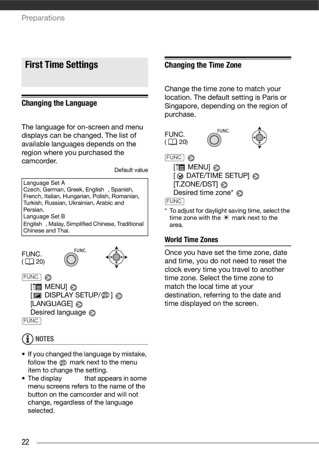 Canon MD215, MD216, MD205, MD235 First Time Settings, Changing the Language, Changing the Time Zone, World Time Zones 