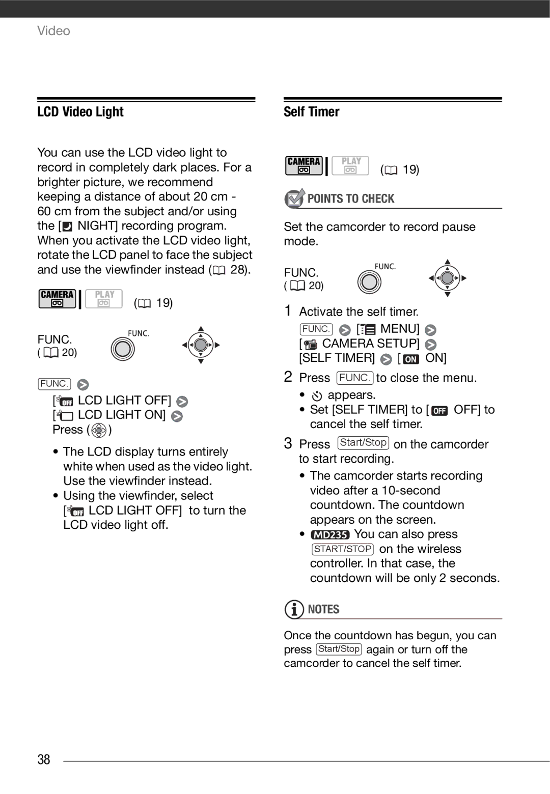 Canon MD215, MD216, MD205, MD235 instruction manual LCD Video Light, Self Timer, LCD Light OFF, Activate the self timer 