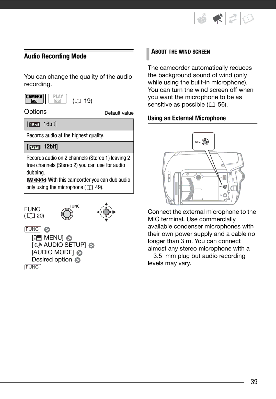 Canon MD235, MD216, MD205, MD215 instruction manual Audio Recording Mode, 12bit, Using an External Microphone 