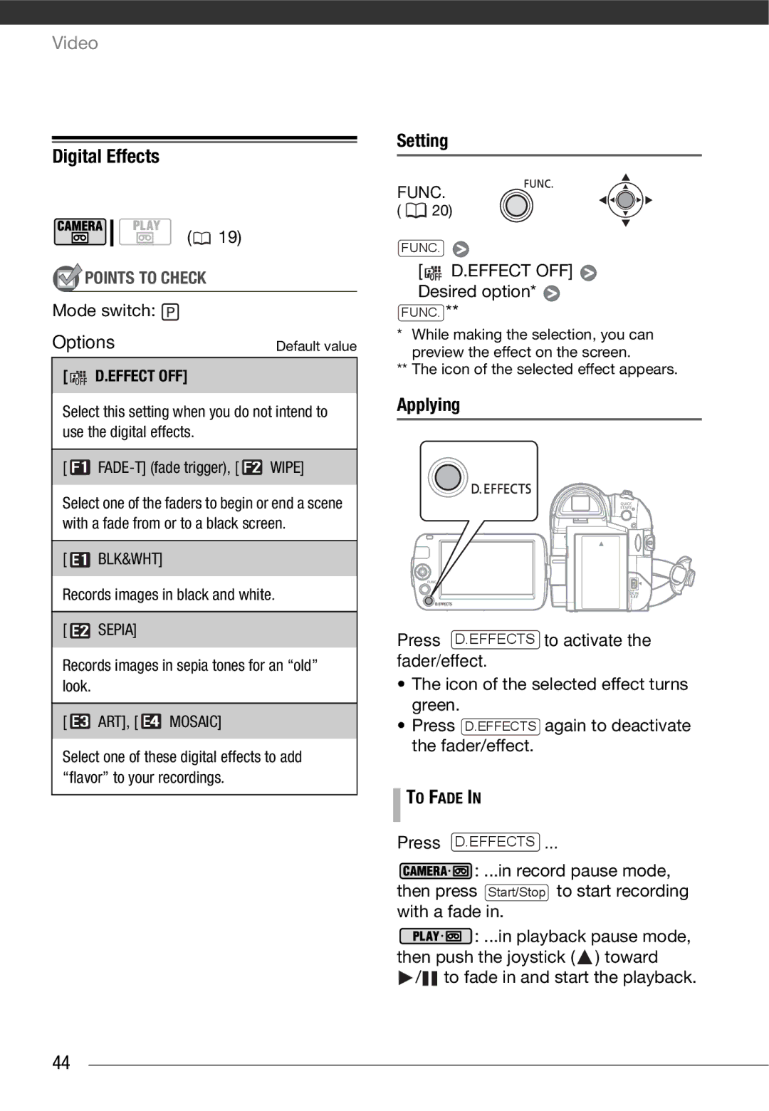 Canon MD216, MD205, MD215, MD235 instruction manual Digital Effects, Mode switch Options, Setting, Effect OFF Desired option 