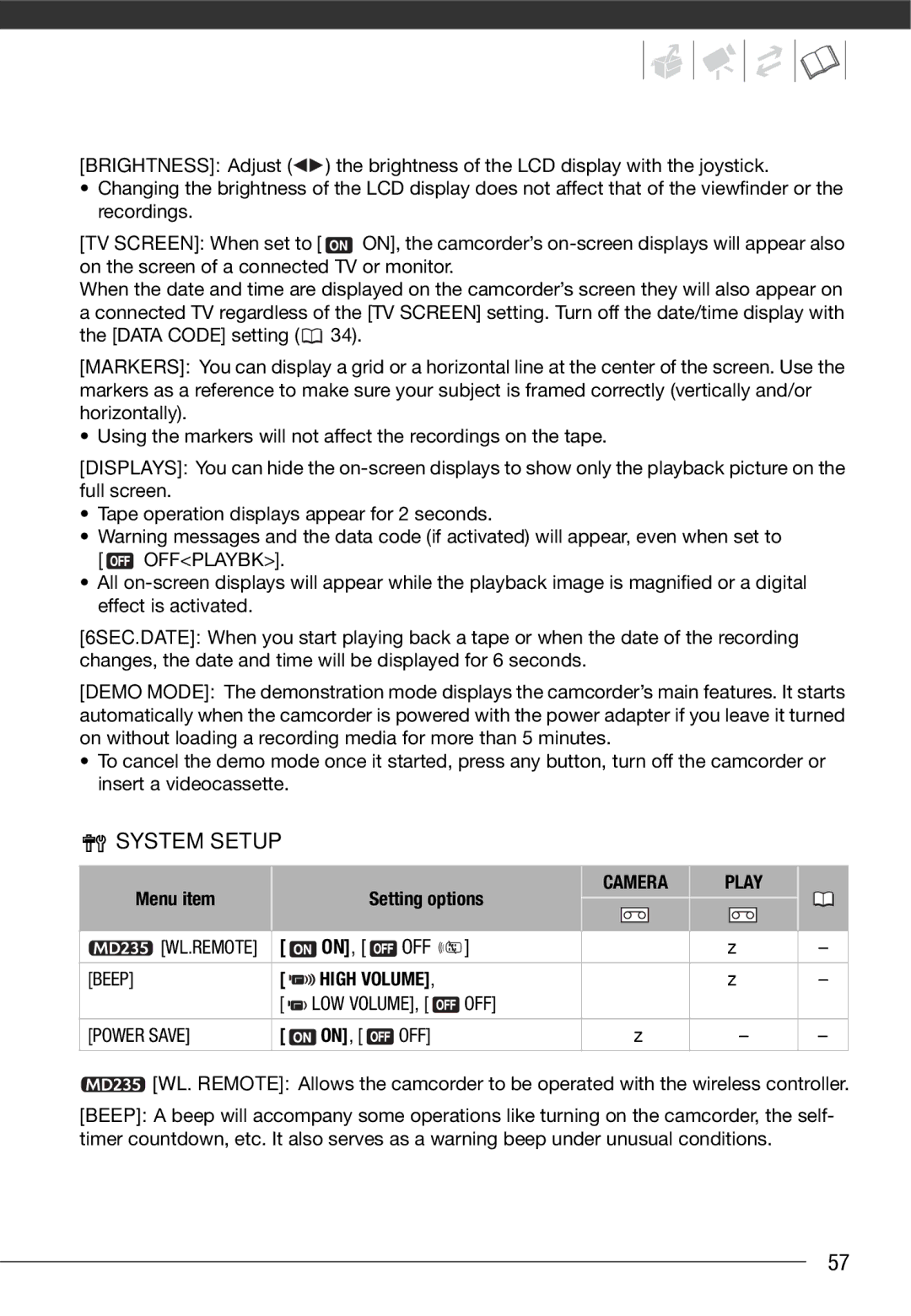 Canon MD205, MD216, MD215, MD235 instruction manual System Setup, Offplaybk, Beep, OFF Power Save 