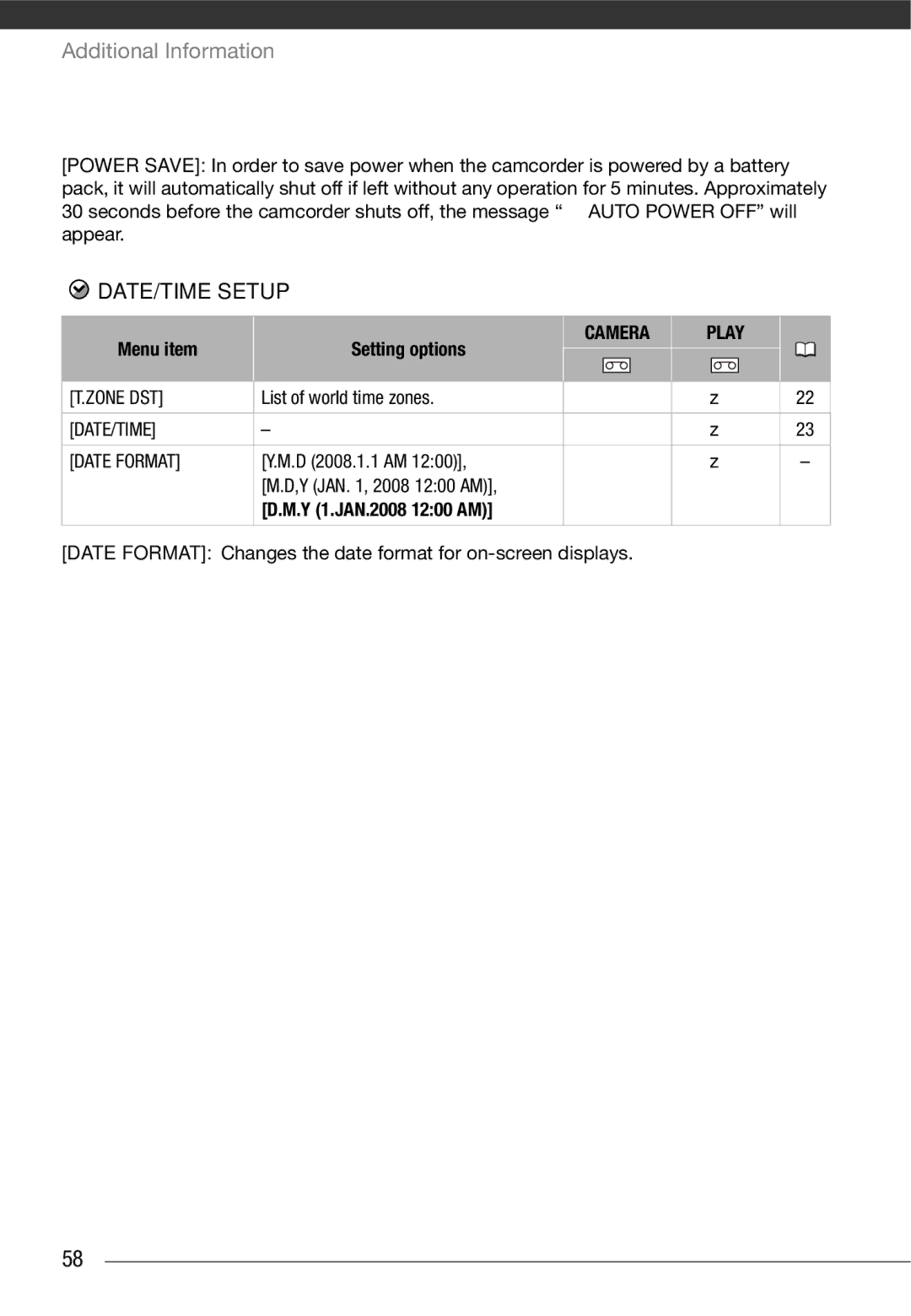 Canon MD215, MD216, MD205, MD235 instruction manual DATE/TIME Setup, Zone DST, DATE/TIME Date Format, Y 1.JAN.2008 1200 AM 