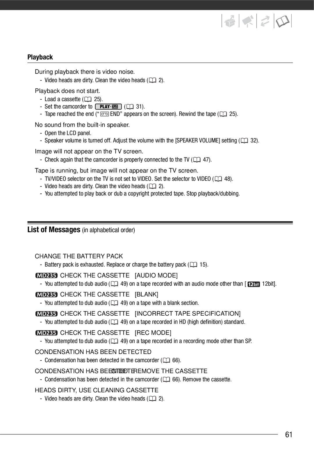 Canon MD205, MD216, MD215, MD235 instruction manual Playback, List of Messages in alphabetical order 