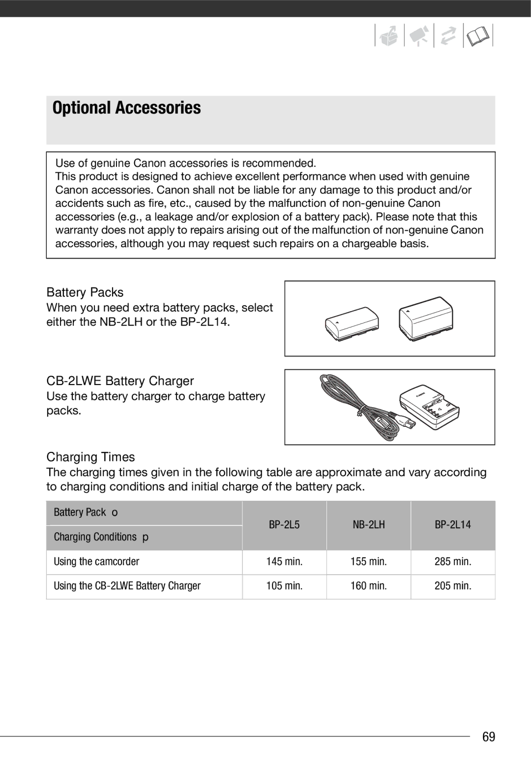 Canon MD205, MD216, MD215, MD235 Optional Accessories, Use of genuine Canon accessories is recommended, NB-2LH 